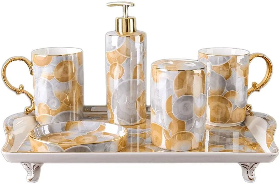 ست لوازم جانبی با کیفیت برای حمام، ست 6 تکه لوکس و شیک، ست کامل سرامیکی شامل جای مایع دستشویی رومیزی، جا مسواکی، جا صابونی، لیوان و سینی مناسب منزل و هتل