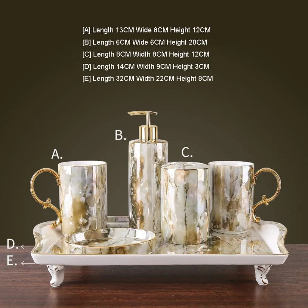 ست لوازم جانبی با کیفیت برای حمام، ست 6 تکه لوکس و شیک، ست کامل سرامیکی شامل جای مایع دستشویی رومیزی، جا مسواکی، جا صابونی، لیوان و سینی مناسب منزل و هتل