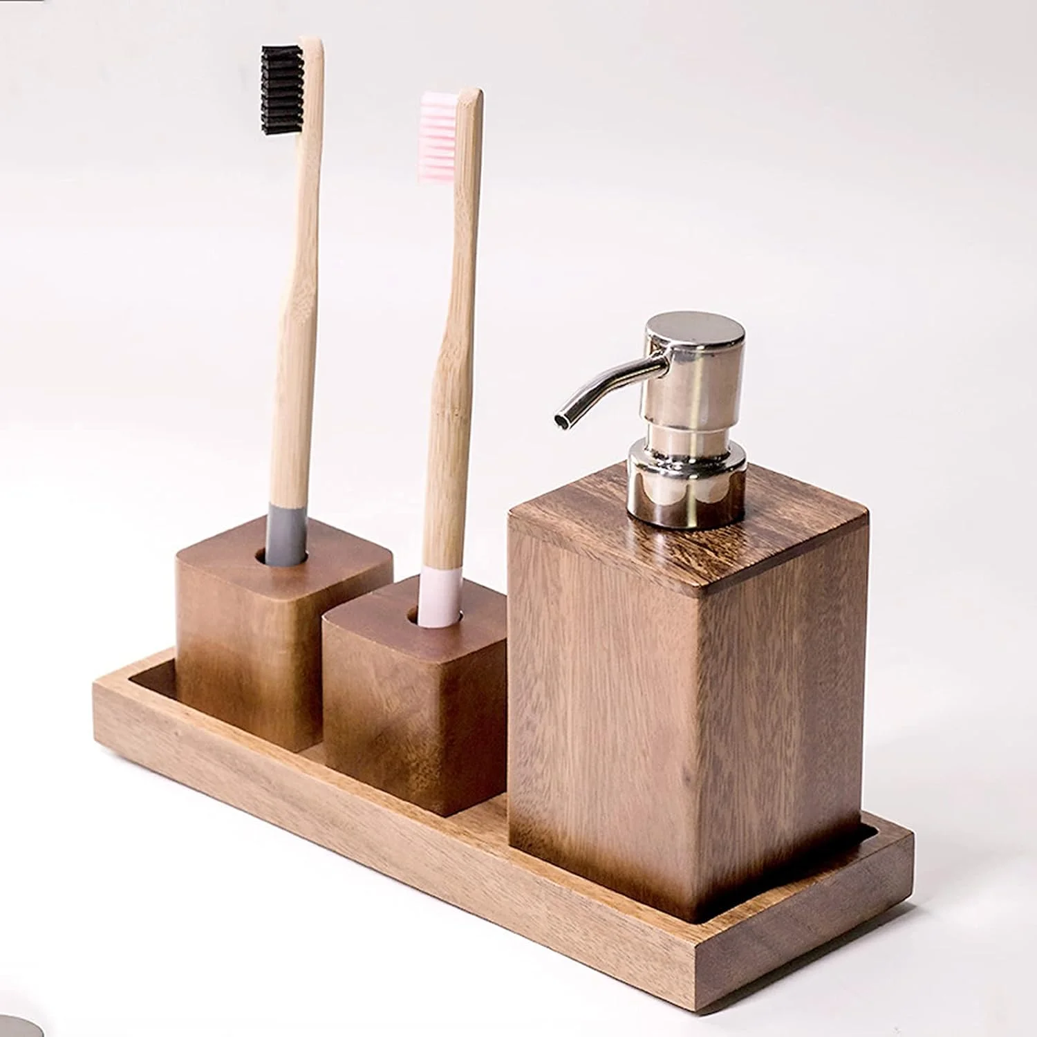 ست ۴ تکه لوازم جانبی چوبی طبیعی برای حمام، شامل سینی، جا مایع، جا صابونی و جا مسواکی