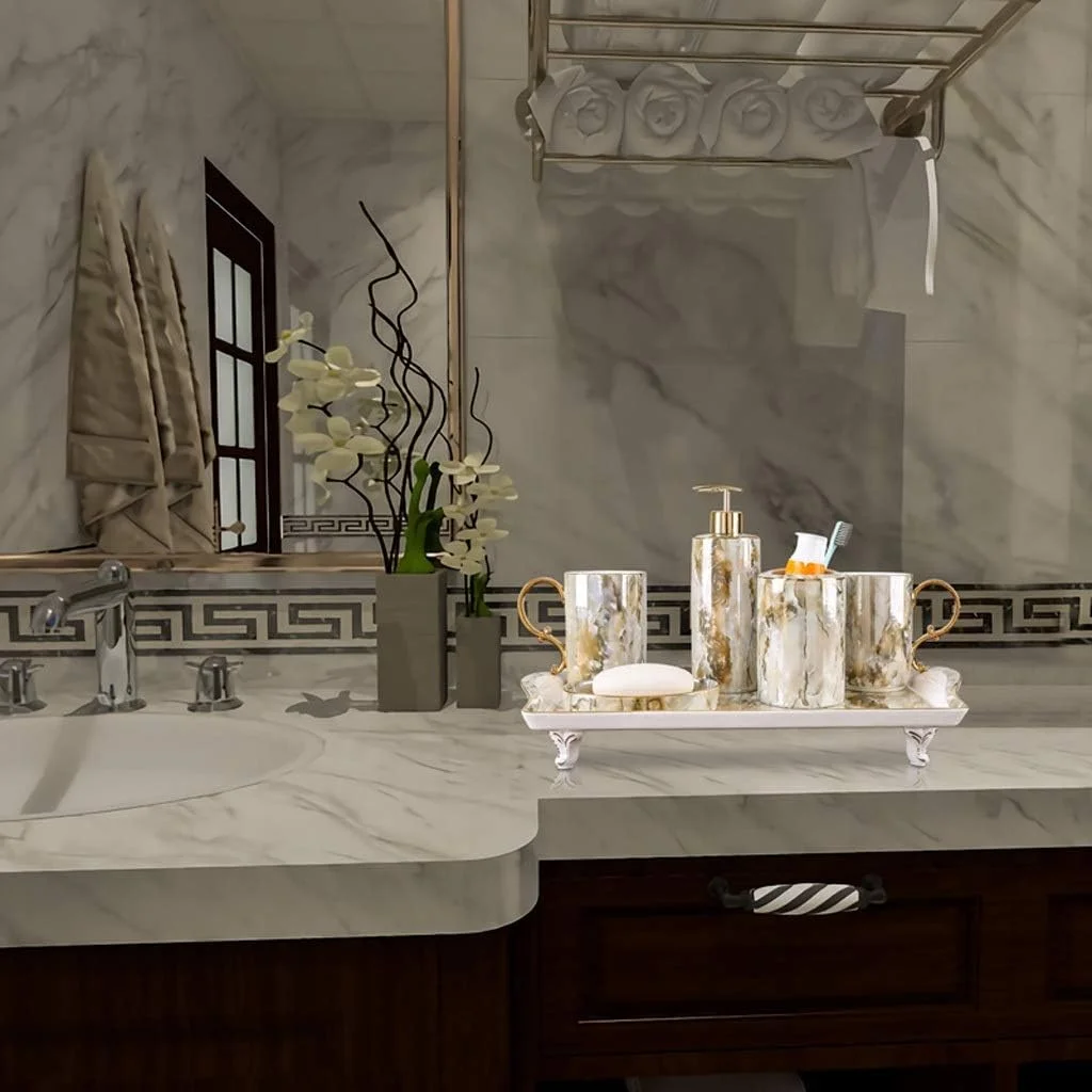 ست لوازم جانبی با کیفیت برای حمام، ست 6 تکه لوکس و سبک، ست کامل سرامیکی شامل جای مایع دستشویی رومیزی، جا مسواکی، جا صابونی، لیوان و سینی مناسب منزل و هتل