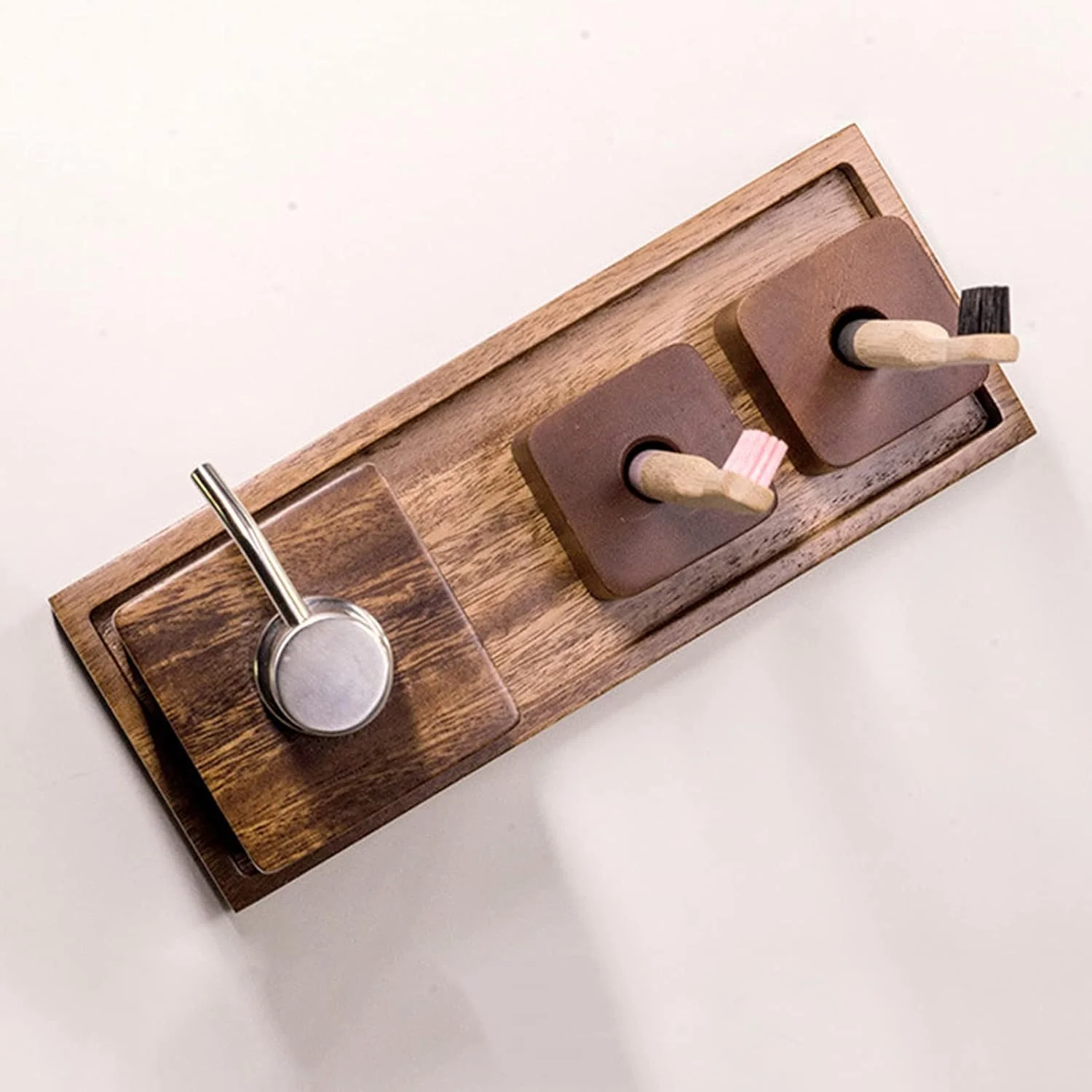 ست 4 تکه لوازم جانبی چوبی طبیعی ZLQHDG برای حمام، شامل سینی، جا مایع لوسیون، جا صابونی و جا مسواکی