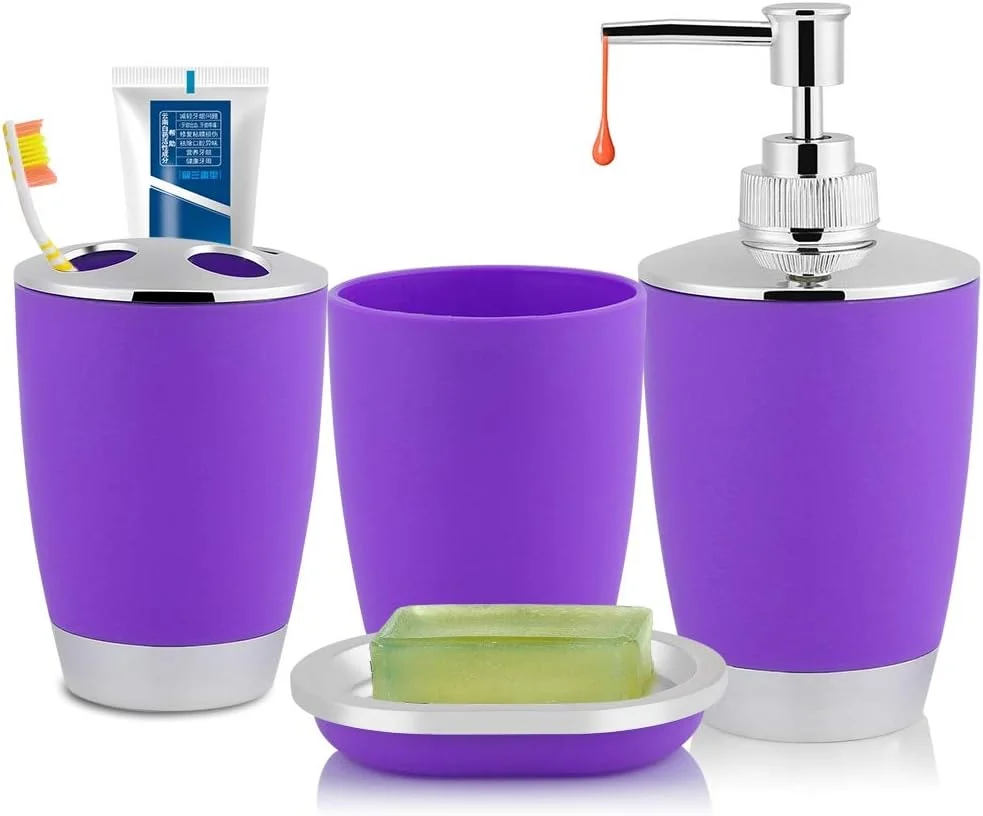 ست لوازم جانبی حمام 4 تکه شامل جای مایع دستشویی، جا مسواکی پلاستیکی PP، لیوان شستشو، جا صابونی، ست جای مایع دستشویی برای حمام (بنفش)