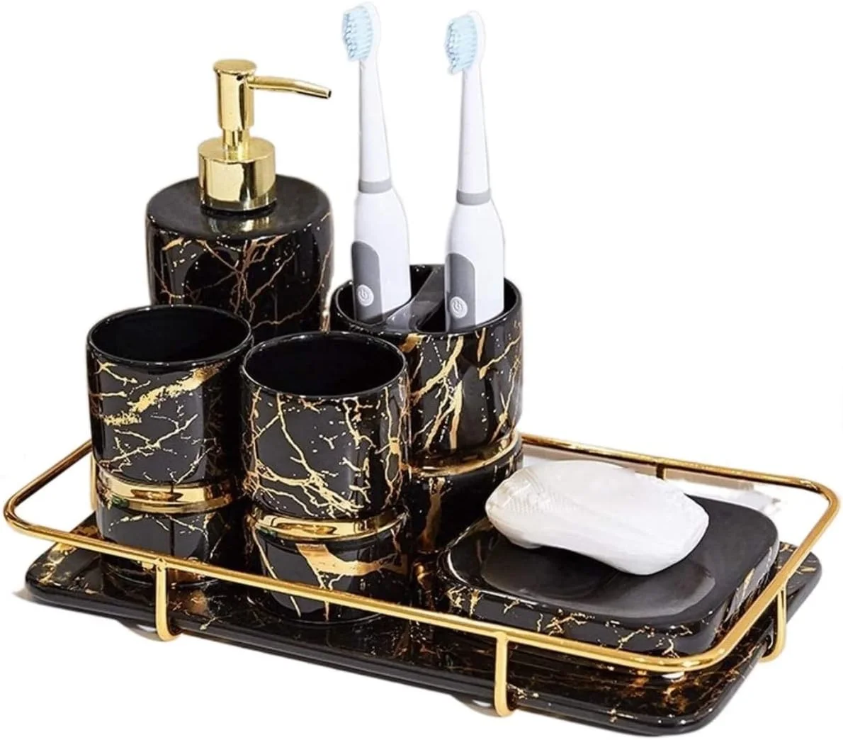 ست لوازم جانبی حمام شامل بطری مایع دستشویی، لوازم جانبی حمام، ست کامل حمام با بافت مرمر طلایی برای لوازم جانبی تزئین حمام (رنگ: N)