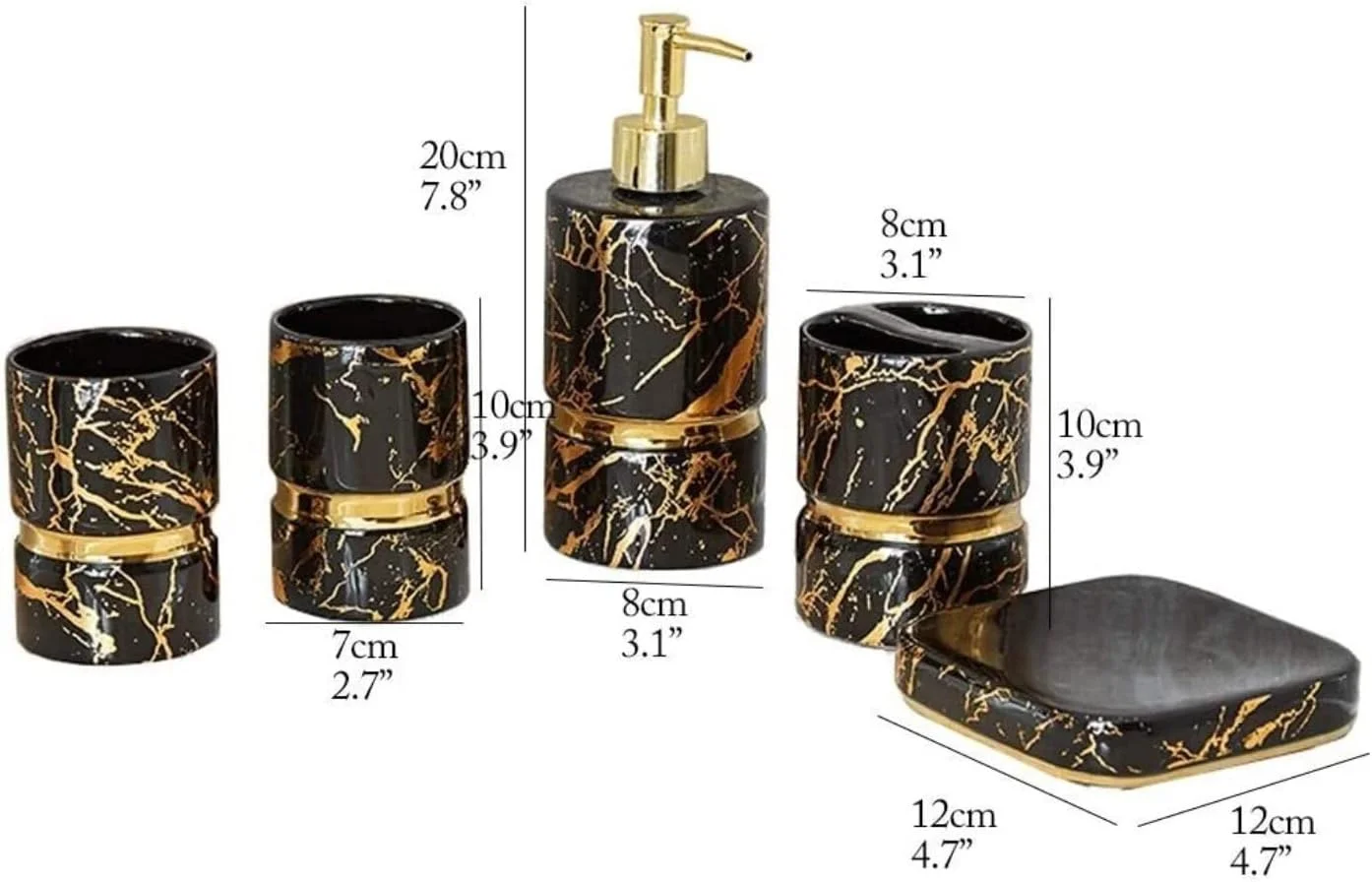 ست لوازم جانبی حمام شامل بطری مایع دستشویی، لوازم جانبی حمام، ست کامل حمام با بافت مرمر طلایی برای لوازم جانبی تزئین حمام (رنگ: N)