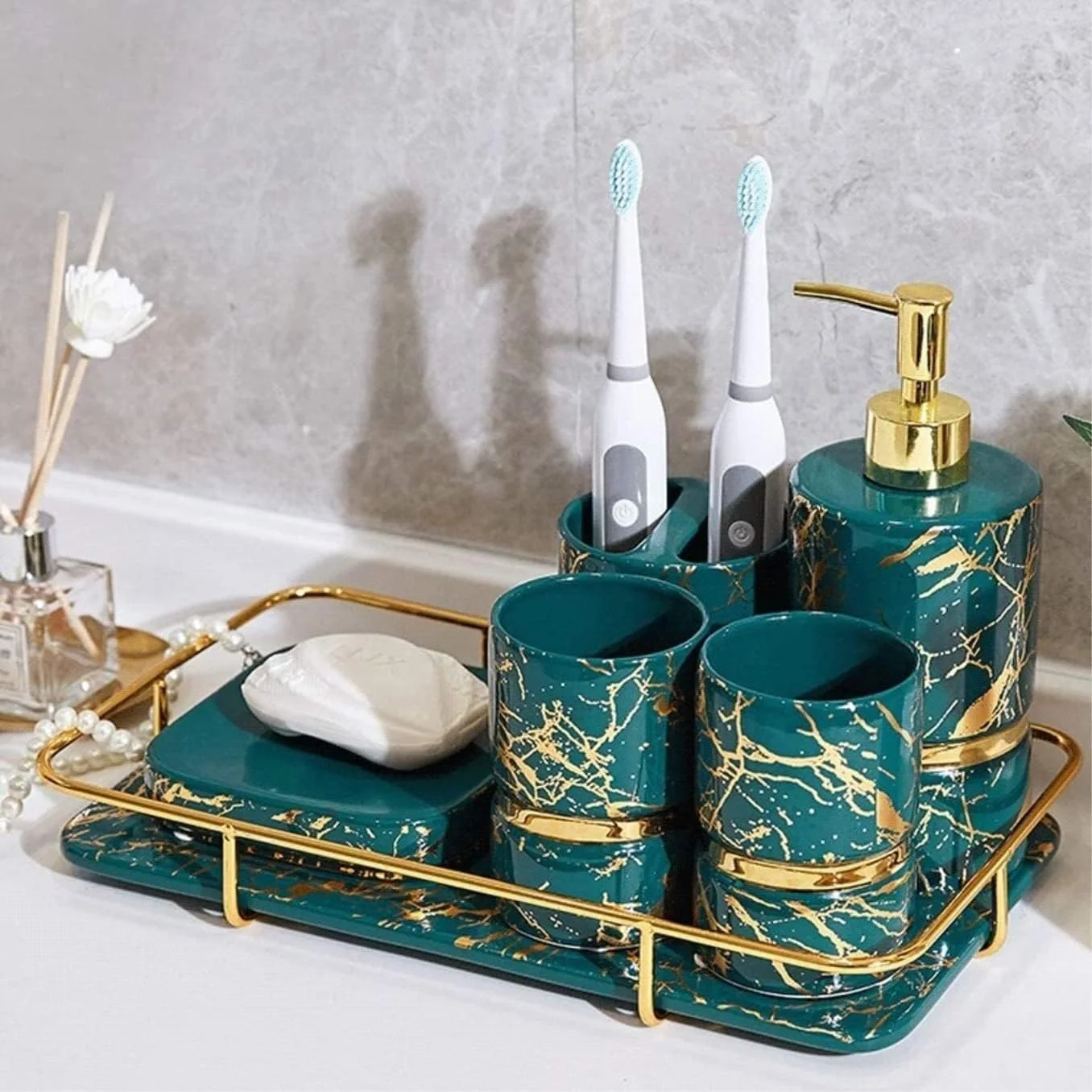 ست لوازم جانبی حمام شامل بطری مایع دستشویی، لوازم جانبی حمام، ست کامل حمام با بافت مرمر طلایی برای لوازم جانبی تزئین حمام (رنگ: N)