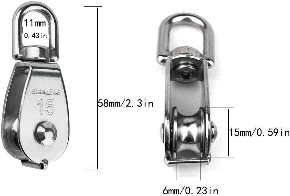 هامیلنر 2 عدد قرقره تکی استیل 304 مدل M15، قرقره جرثقیل سیم بکسل، چرخ یدک کشی آویز سیم با 2 عدد قلاب فنری