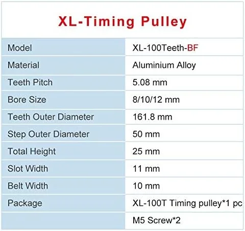 پولی تایمینگ HANXYXA XL 100T، سوراخ 8/10/12 میلی‌متر، گام دندانه 5.08 میلی‌متر، چرخ پولی آلومینیومی، عرض شیار 11 میلی‌متر برای تسمه تایم 10 میلی‌متری XL، 1 عدد (رنگ: 8 میلی‌متر، سایز: 1 عدد)(10 میلی‌متر)