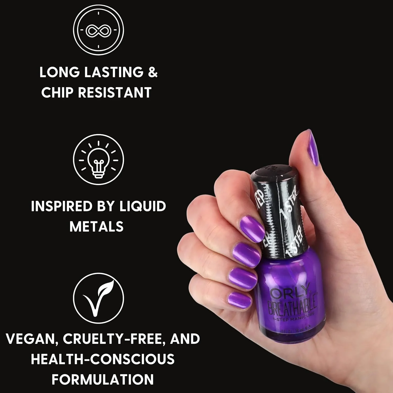 لاک ناخن اُرلی کالکشن نقطه ذوب | براق بنفش روشن | فرمول با پوشش کامل و ماندگاری طولانی با درپوش گیره دار | وگان و بدون تست حیوانی (آلیاژ میتی)