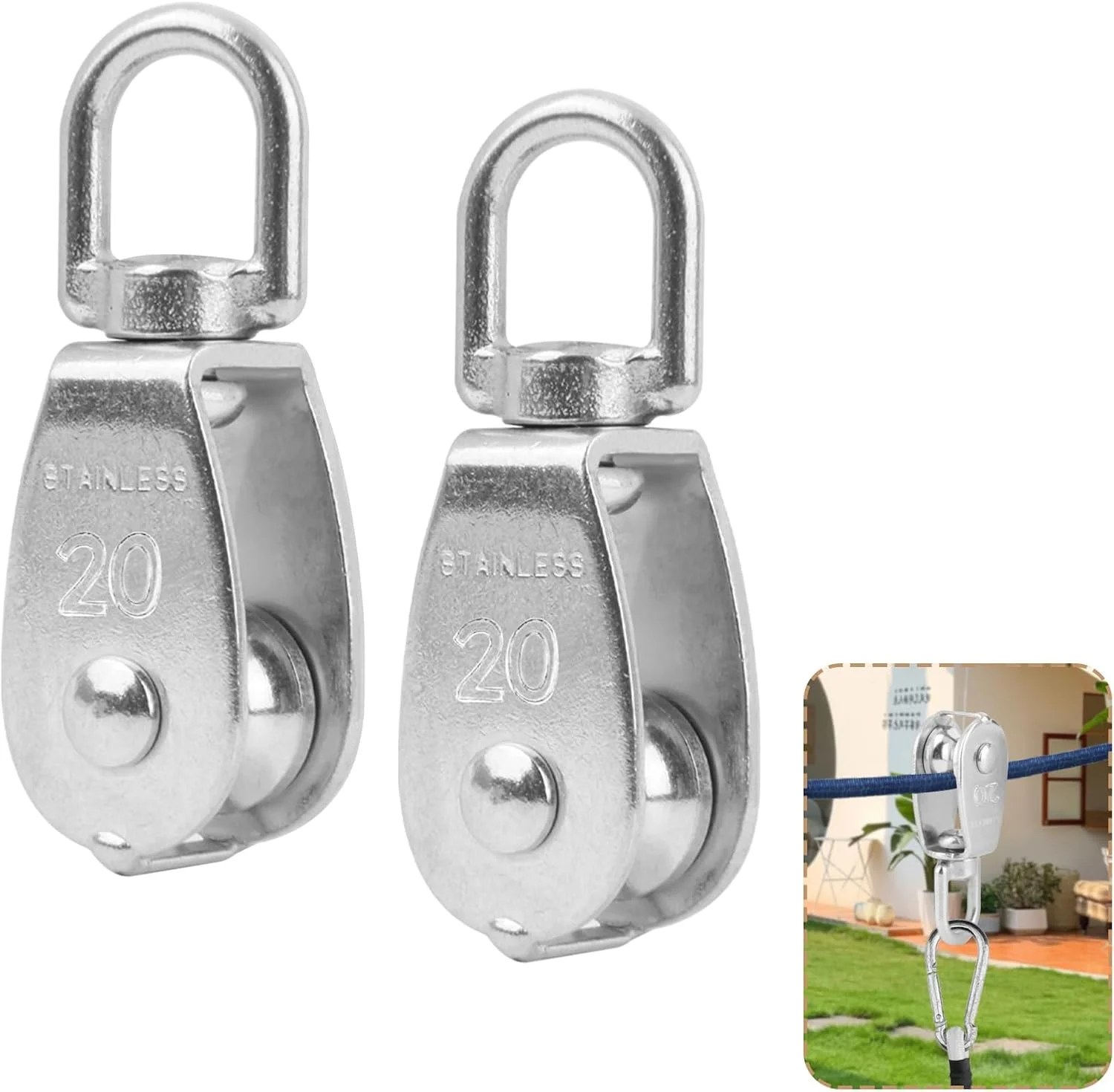 بسته 2 عددی قرقره دوبل طناب M20، قرقره کوچک استیل ضد زنگ، قرقره دوبل با بلبرینگ، کابل فولادی برای طناب های 3-8 میلی متری، مناسب برای استفاده در فضای داخلی/خارجی (M20)