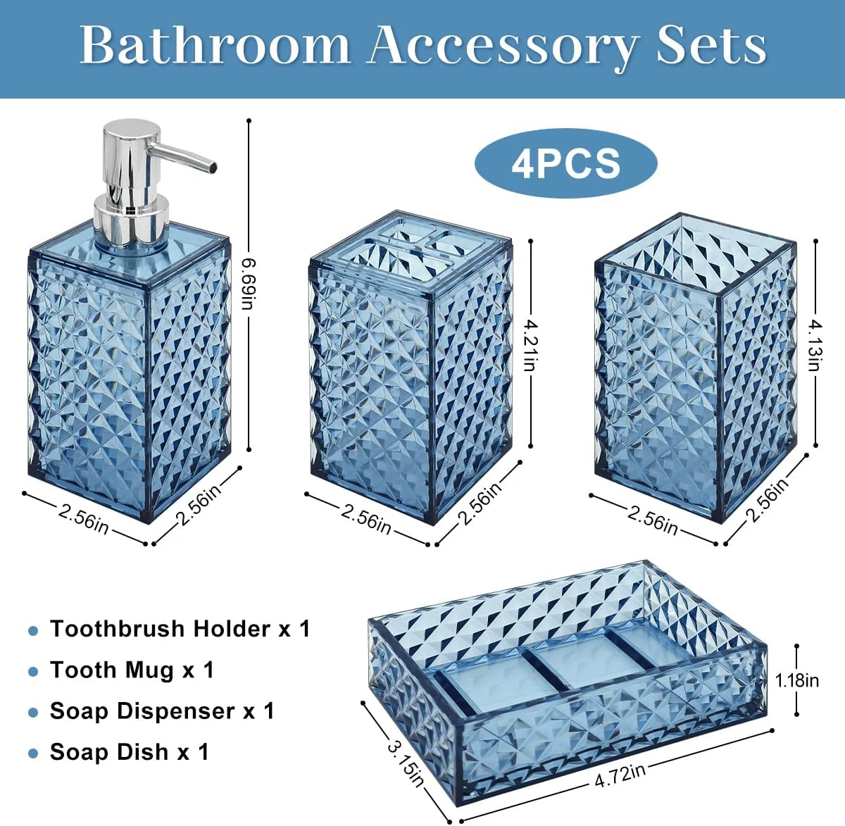 ست لوازم جانبی حمام، 4 تکه دکوری حمام سبز، جا مایع ظرفشویی الماسی، لیوان حمام، جا صابونی و جا مسواکی، دکور حمام بوهو آبی