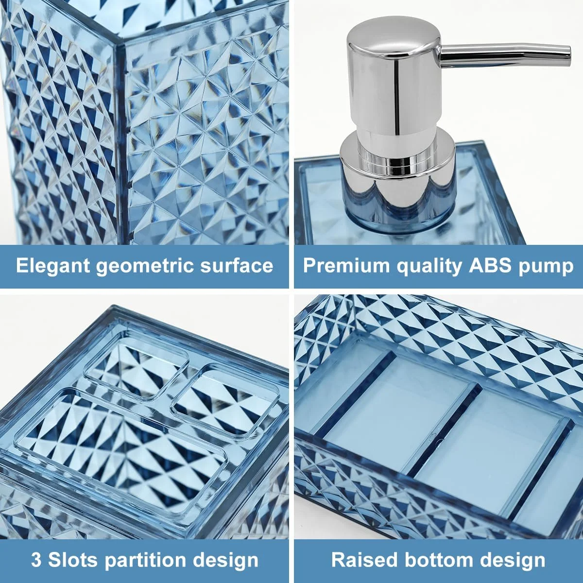 ست لوازم جانبی حمام، 4 تکه دکوری حمام سبز، جا مایع ظرفشویی الماسی، لیوان حمام، جا صابونی و جا مسواکی، دکور حمام بوهو آبی