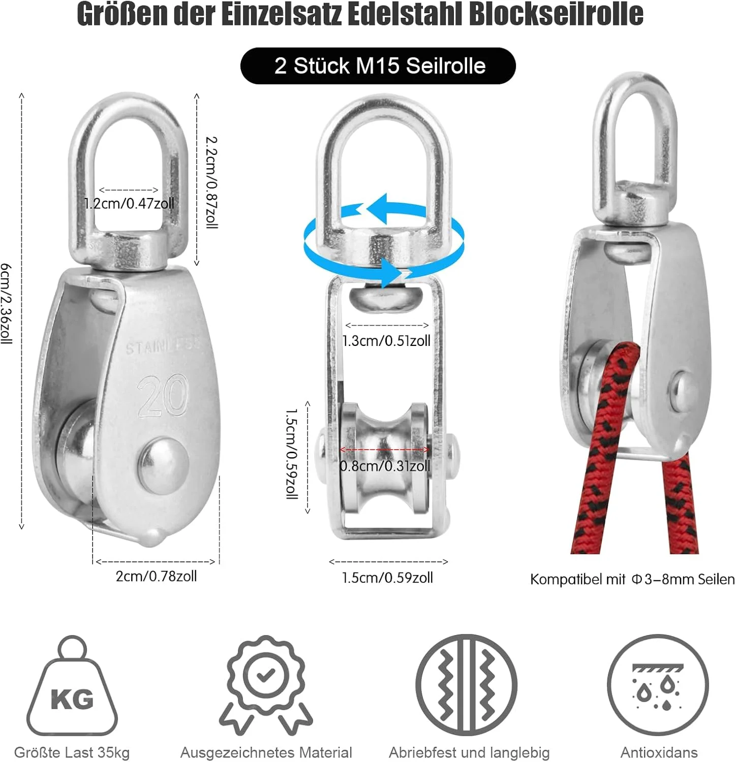 بسته 2 عددی قرقره دوبل طناب M20، قرقره کوچک استیل ضد زنگ، قرقره دوبل با بلبرینگ، کابل فولادی برای طناب های 3-8 میلی متری، مناسب برای استفاده در فضای داخلی/خارجی (M20)