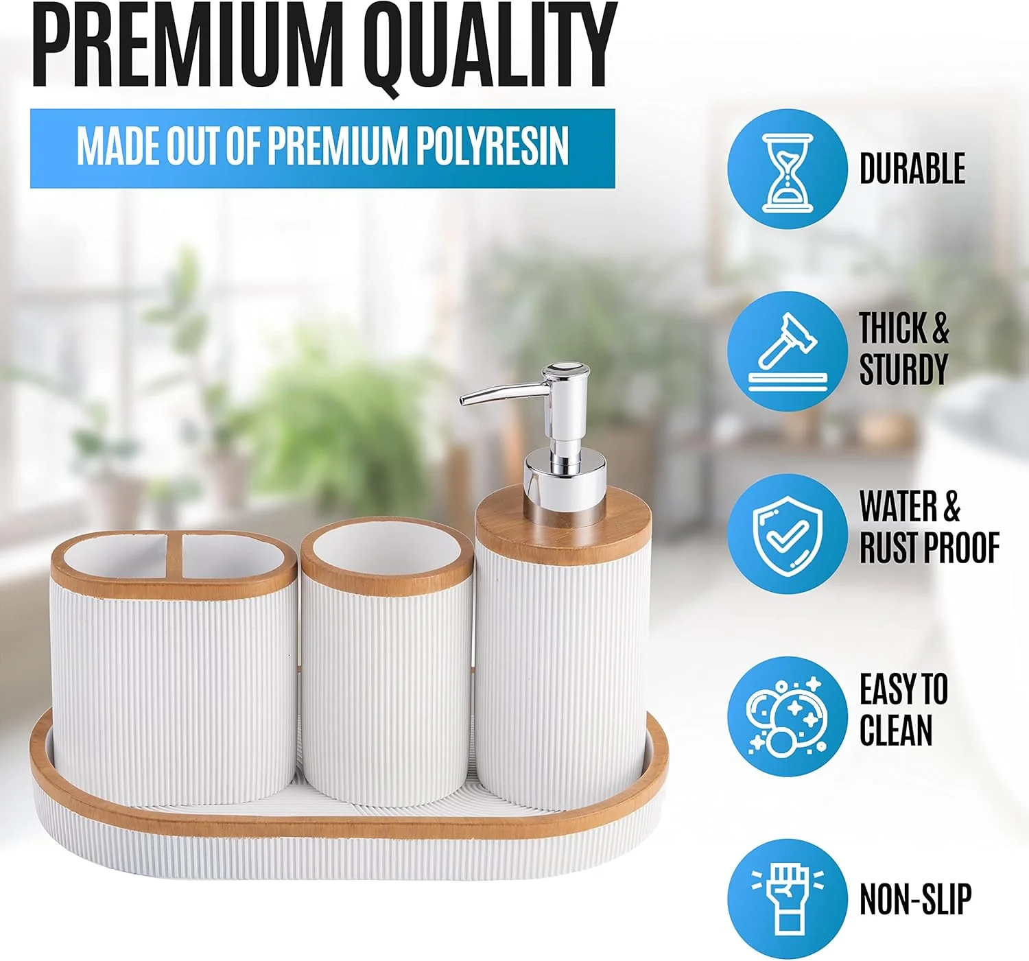 ست لوازم جانبی حمام 4 تکه سفید Kralix، ست مدرن جا مایع دستشویی، ست جا مسواکی، لیوان و سینی روشویی، ست لوازم جانبی حمام سفید با طرح چوب