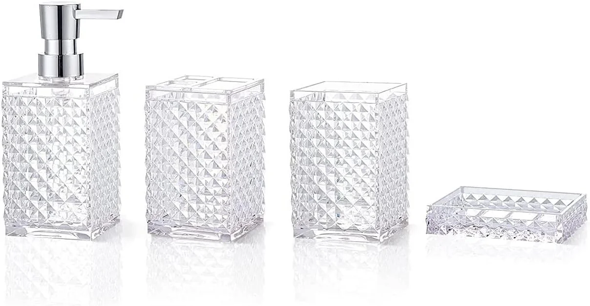 لوازم جانبی حمام - ست 4 تکه پلاستیکی مربعی شامل جا مایع صابون، جا مسواکی تقسیم شده، لیوان و جا صابونی، ست لوازم جانبی حمام شیک (سفید)