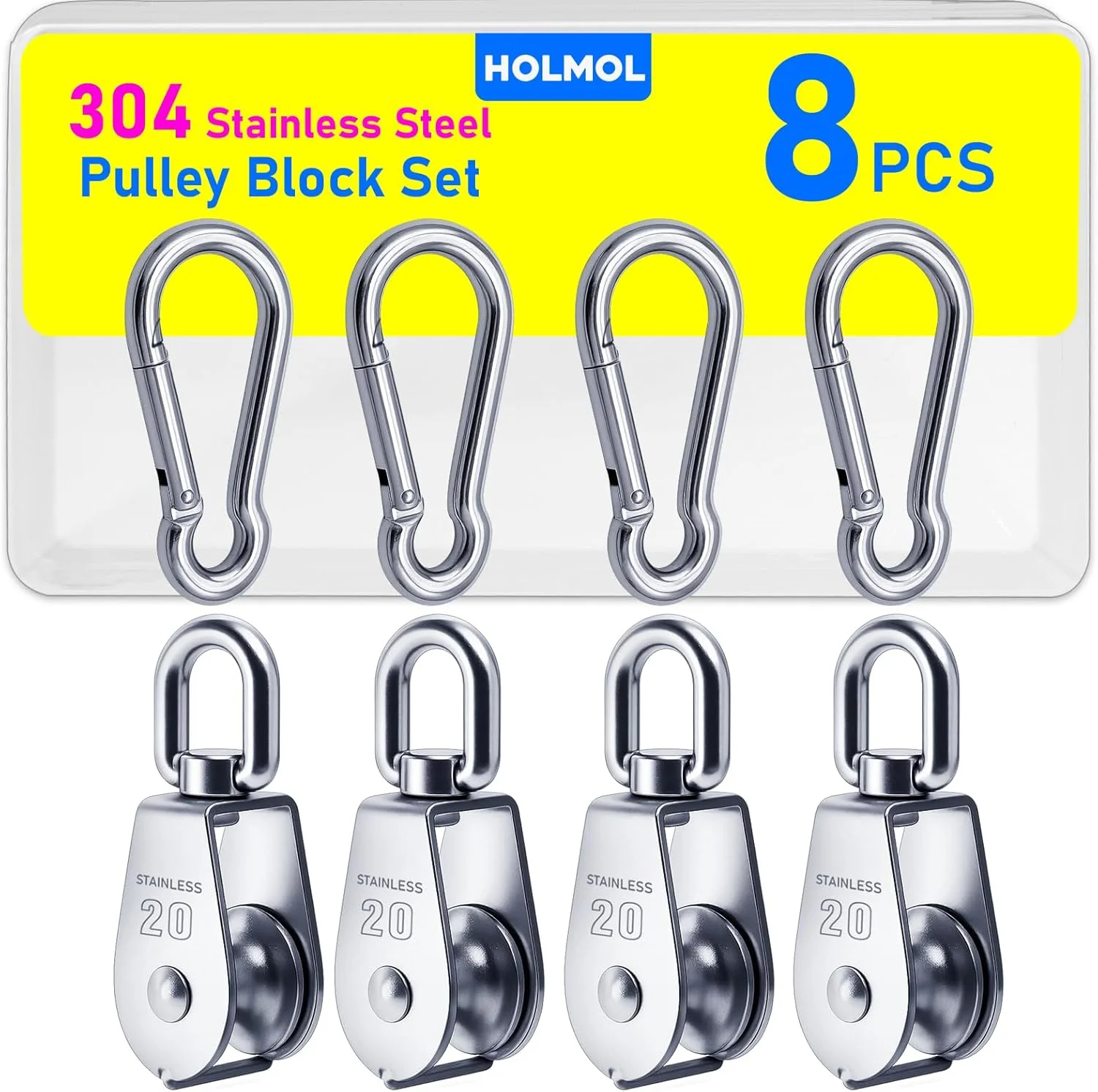 مجموعه قرقره تکی 8 عددی، چرخ قرقره بالابر فولاد ضد زنگ 304 M20 با قلاب های فنری M6، غلتک های طناب سنگین چرخشی 360 درجه برای طناب ها با تحمل بار تا 75 کیلوگرم