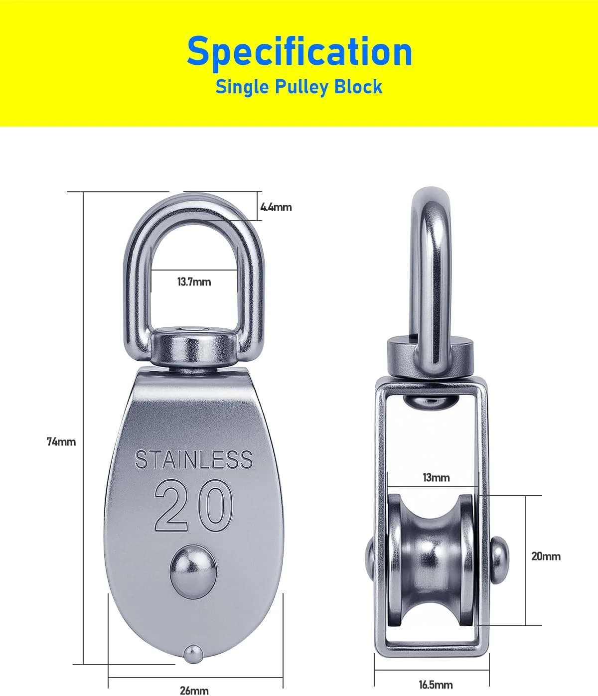 مجموعه قرقره تکی 8 عددی، چرخ قرقره بالابر فولاد ضد زنگ 304 M20 با قلاب های فنری M6، غلتک های طناب سنگین چرخشی 360 درجه برای طناب ها با تحمل بار تا 75 کیلوگرم