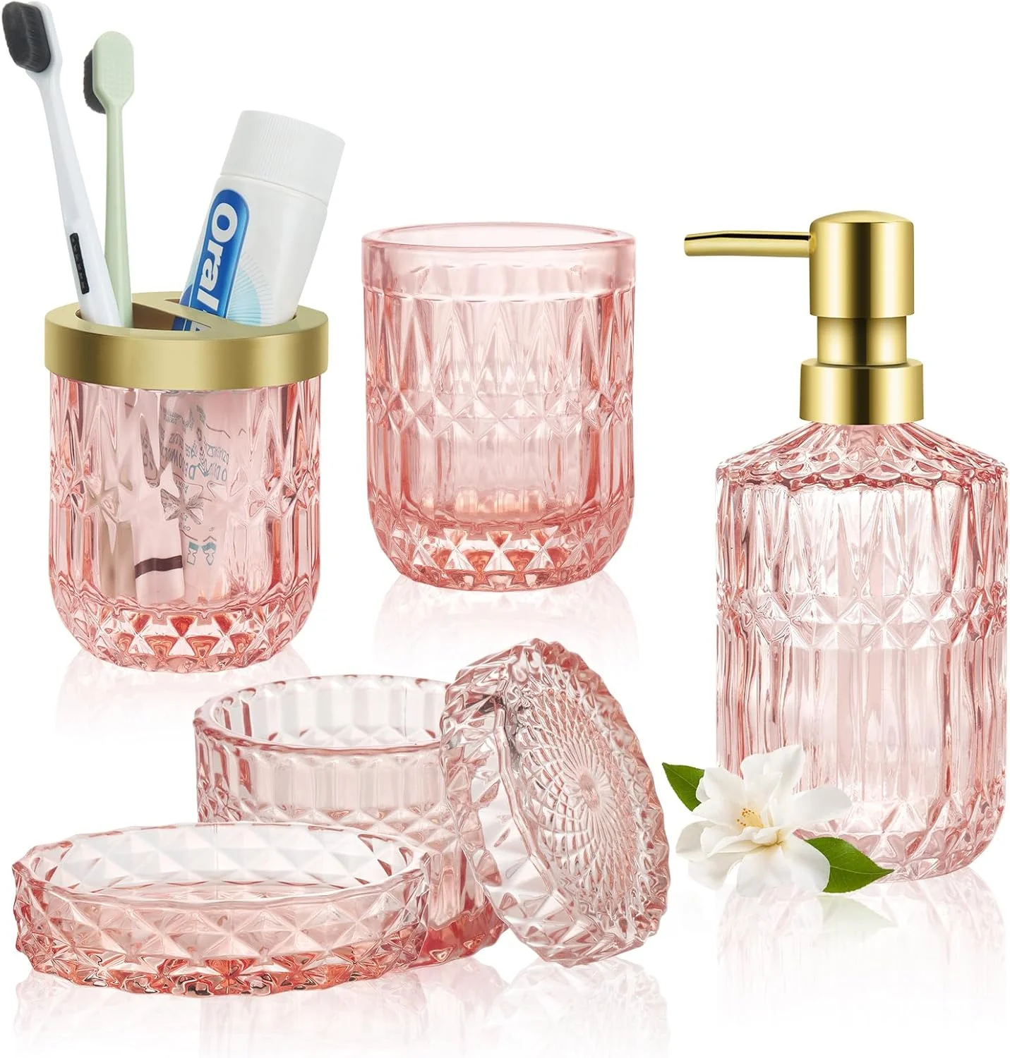 ست لوازم حمام 5 تکه، لوازم جانبی حمام شیشه ای، ست مدرن جای مایع دستشویی، جای صابون، جا مسواکی، جای گوش پاک کن، لیوان - صورتی