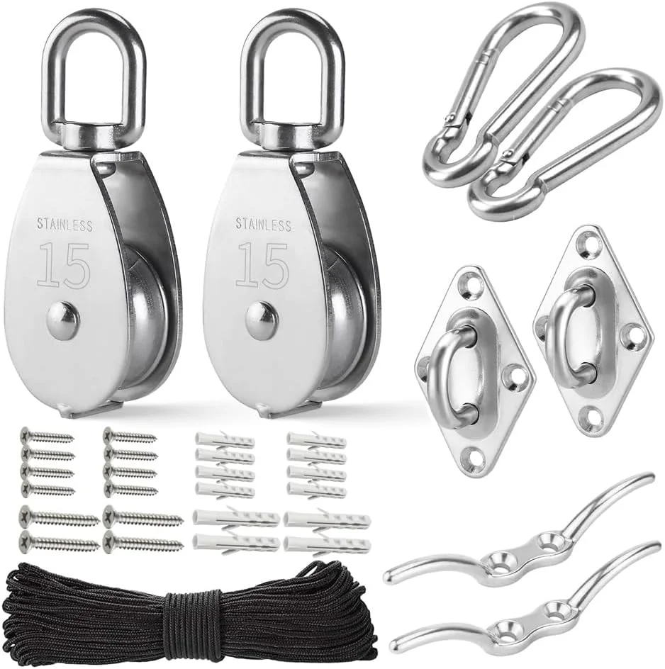 کیت سیستم قرقره استیل ضد زنگ Hopbucan M15 - چرخ قرقره سنگین، بلوک قرقره با طناب نایلونی 4 میلی متری، قلاب ها، نصب آسان صفحه (2 بسته)