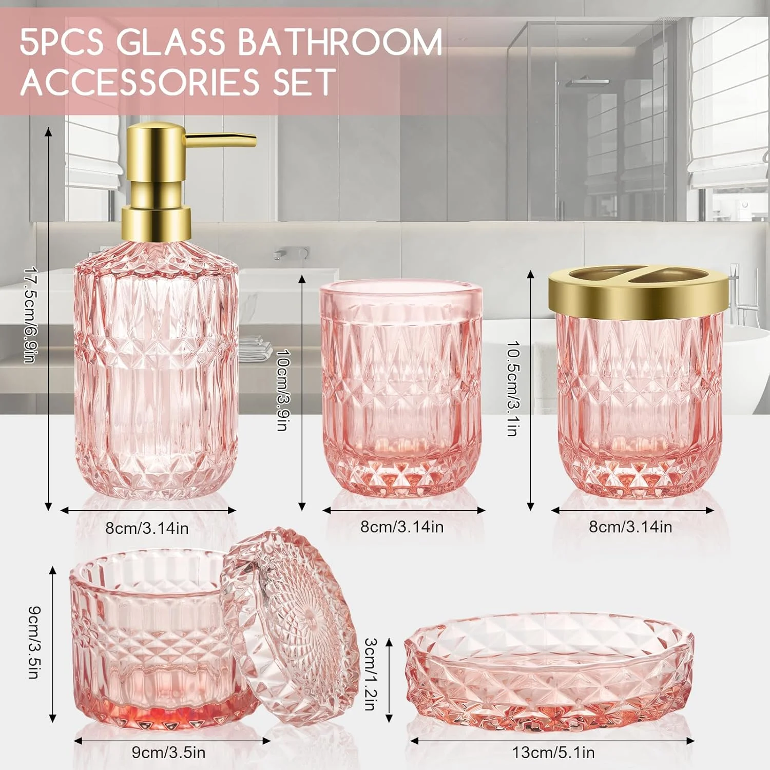 ست لوازم حمام 5 تکه، لوازم جانبی حمام شیشه ای، ست مدرن جای مایع دستشویی، جای صابون، جا مسواکی، جای گوش پاک کن، لیوان - صورتی