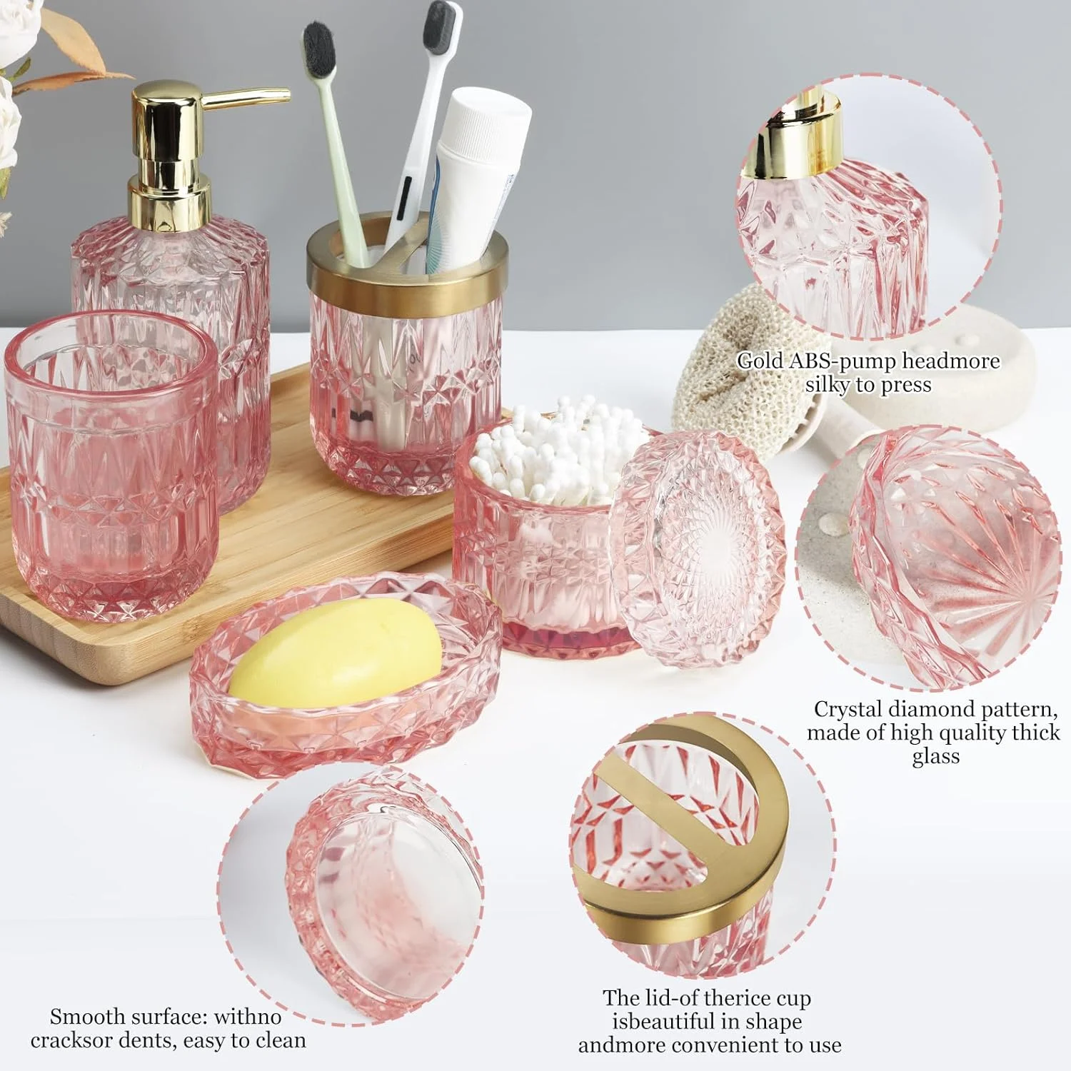 ست لوازم حمام 5 تکه، لوازم جانبی حمام شیشه ای، ست مدرن جای مایع دستشویی، جای صابون، جا مسواکی، جای گوش پاک کن، لیوان - صورتی