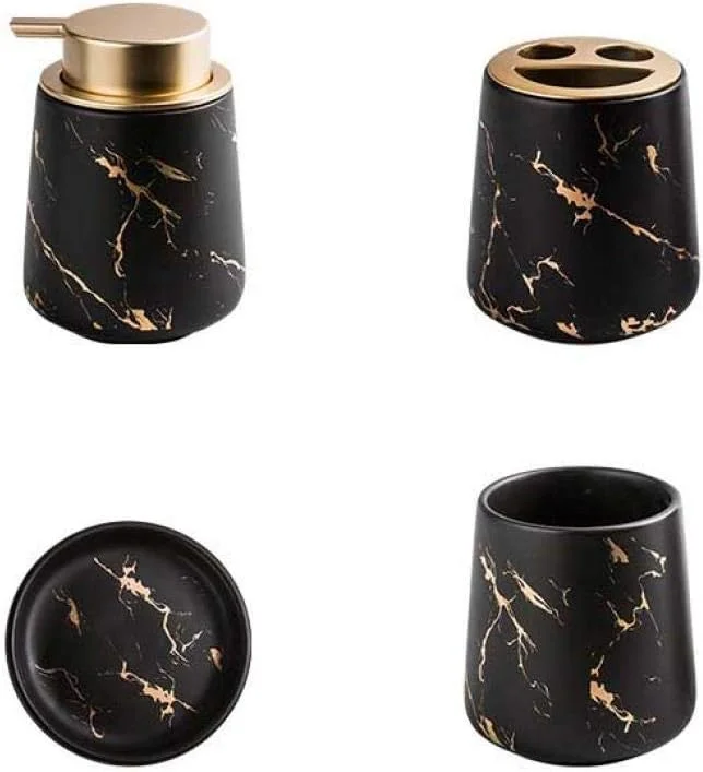 ست لوازم جانبی سرامیکی طرح سنگ مرمر برای حمام، ۴ تکه، مشکی مات شامل جای مایع دستشویی، جا مسواکی، لیوان و جا صابونی، شیک و مدرن، مناسب دکوراسیون حمام مدرن