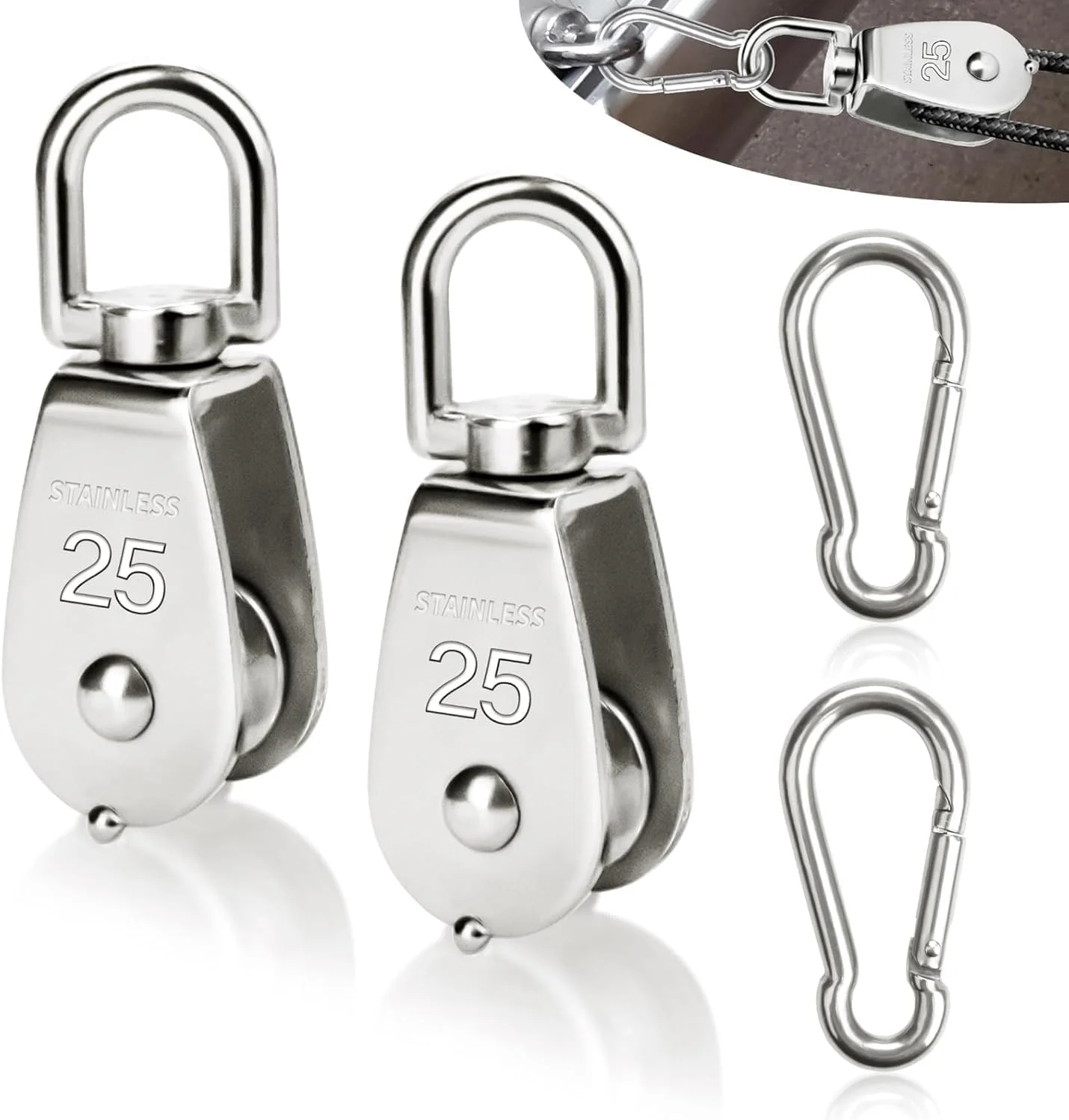 بسته 2 عددی قرقره به همراه 2 عدد کارابین M6، تحمل بار 150 کیلوگرم، قرقره M25 برای طناب، قرقره طناب استیل ضد زنگ برای سایبان، وینچ ورزشی