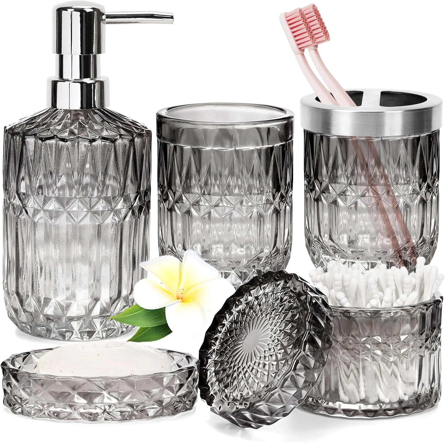 ست لوازم حمام 5 تکه، لوازم جانبی حمام شیشه ای، ست مدرن جای مایع دستشویی، جا صابونی، جا مسواکی، جا پنبه ای، لیوان - گرادیان مشکی