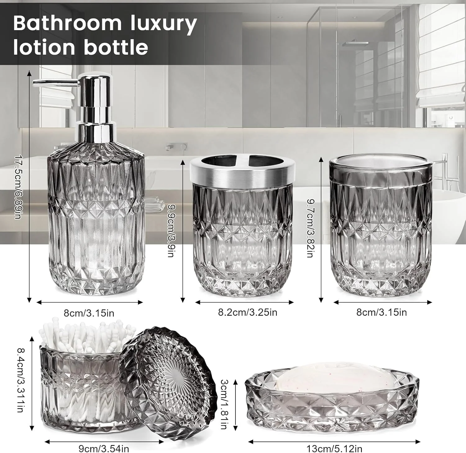 ست لوازم حمام 5 تکه، لوازم جانبی حمام شیشه ای، ست مدرن جای مایع دستشویی، جا صابونی، جا مسواکی، جا پنبه ای، لیوان - گرادیان مشکی