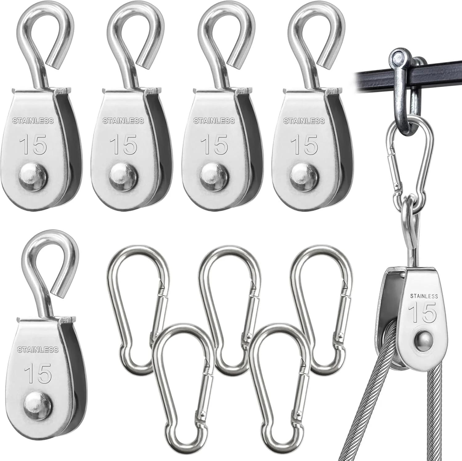 جاسفلی بسته 5 عددی قرقره برای طناب، قرقره استیل ضد زنگ، ظرفیت بارگیری قرقره طناب 35 کیلوگرم با 5 قلاب استیل ضد زنگ برای طناب های سیمی و طناب های نایلونی، وینچ، سایبان ورزشی