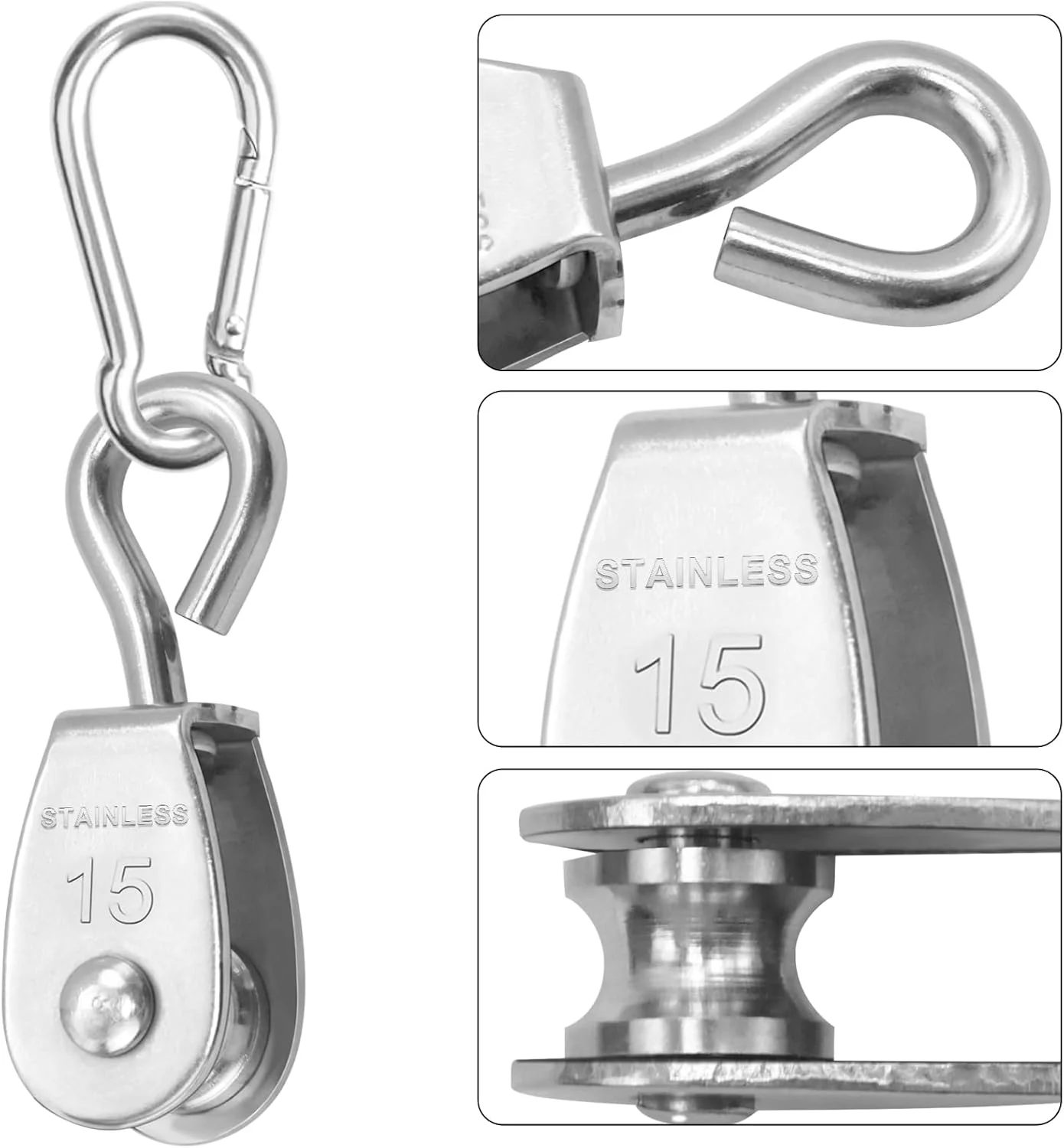 جاسفلی بسته 5 عددی قرقره برای طناب، قرقره استیل ضد زنگ، ظرفیت بارگیری قرقره طناب 35 کیلوگرم با 5 قلاب استیل ضد زنگ برای طناب های سیمی و طناب های نایلونی، وینچ، سایبان ورزشی