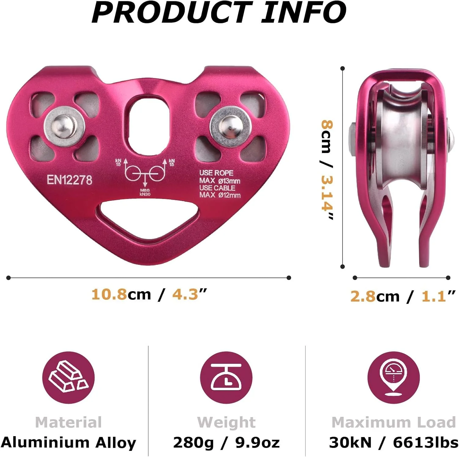 قرقره صعود JEELAD، قرقره نجات آلیاژ آلومینیوم 30kN، تجهیزات زیپ لاین فضای باز (قرمز - 30KN)
