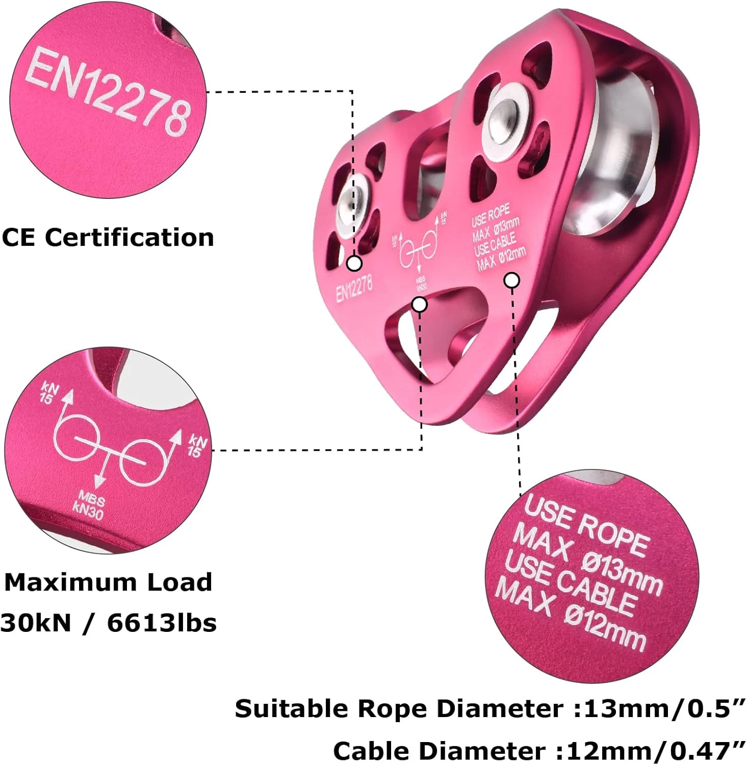 قرقره صعود JEELAD، قرقره نجات آلیاژ آلومینیوم 30kN، تجهیزات زیپ لاین فضای باز (قرمز - 30KN)