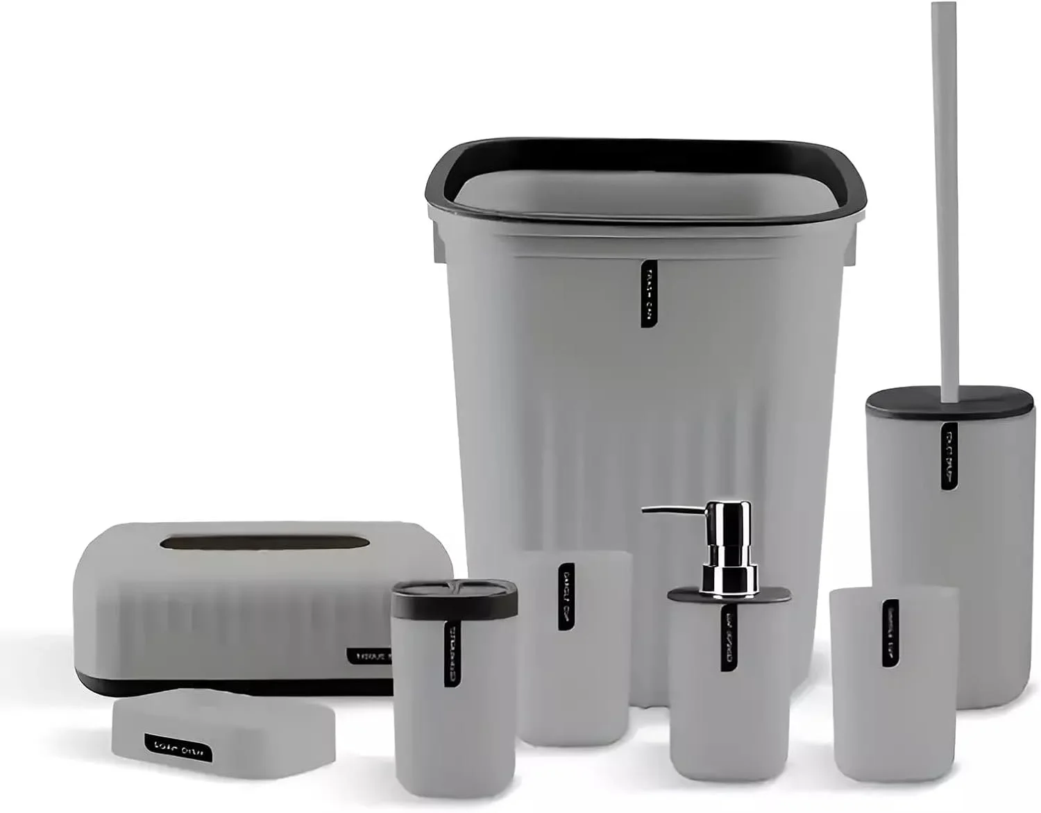 ست لوازم جانبی حمام 8 تکه شامل جای صابون، مایع دستشویی، جا مسواکی، سطل زباله، جعبه دستمال کاغذی، برس توالت، 2 لیوان مسواک، ست هدیه لوازم جانبی دکور حمام (خاکستری)