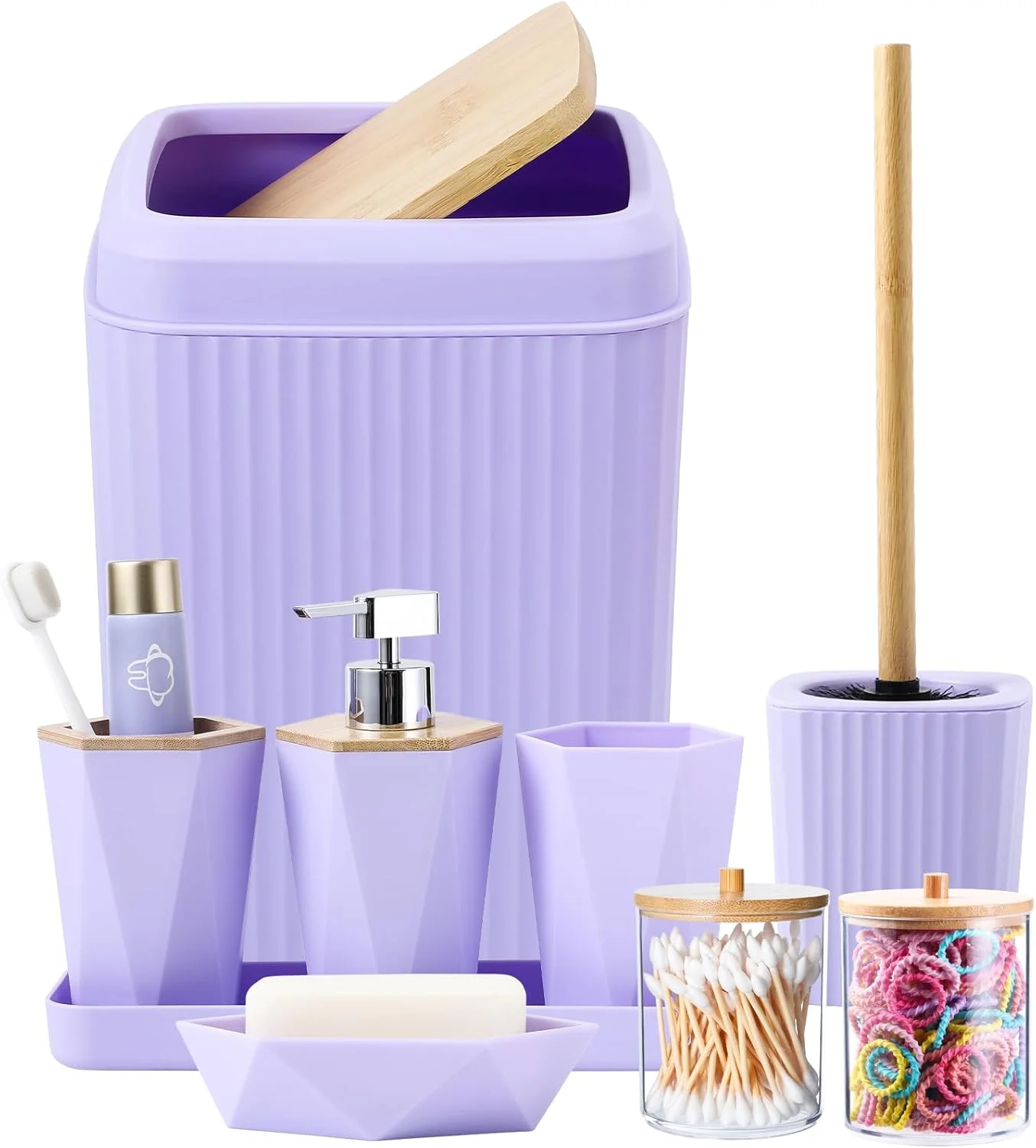 ست لوازم جانبی حمام، ست 9 تکه بامبو شامل سطل زباله، سینی، جا مایع صابون، جا صابونی، جا مسواکی، لیوان مسواک، برس توالت و جا پنبه ای