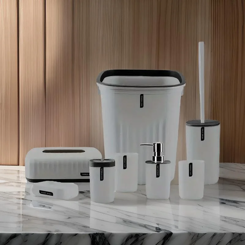 ست لوازم جانبی حمام 8 تکه شامل جای صابون، مایع دستشویی، جا مسواکی، سطل زباله، جعبه دستمال کاغذی، برس توالت، 2 لیوان مسواک، ست هدیه لوازم جانبی دکور حمام (خاکستری)