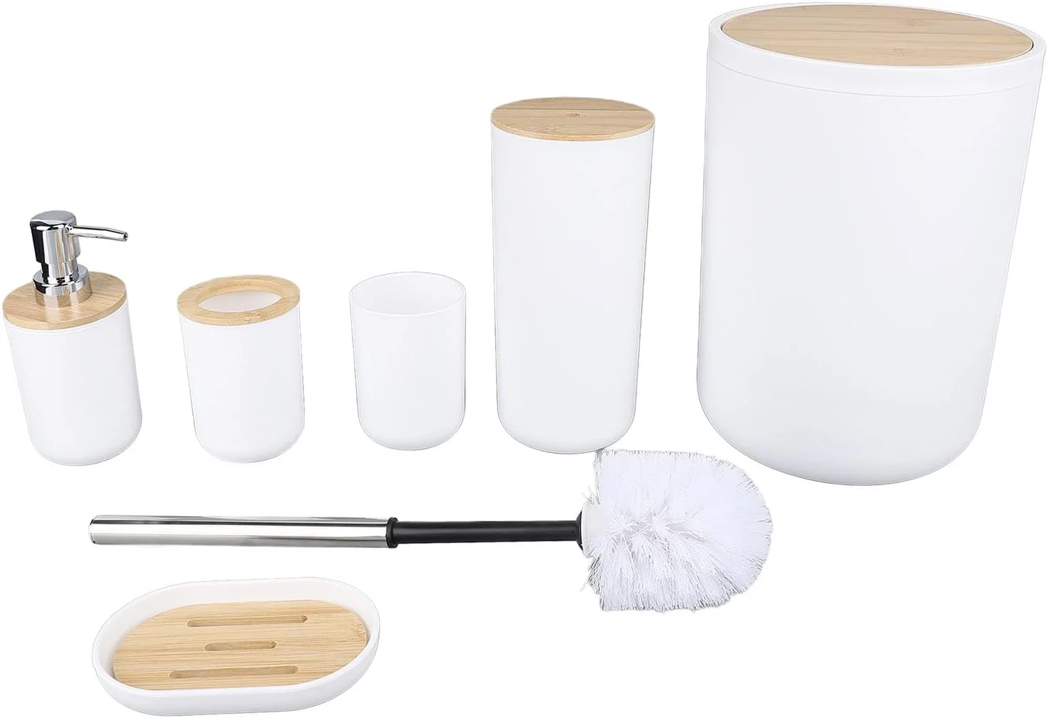ست لوازم جانبی حمام 6 تکه شامل سطل زباله، جا مایع صابون، جا صابونی، جا مسواکی، لیوان و برس توالت مناسب برای منزل و هدیه