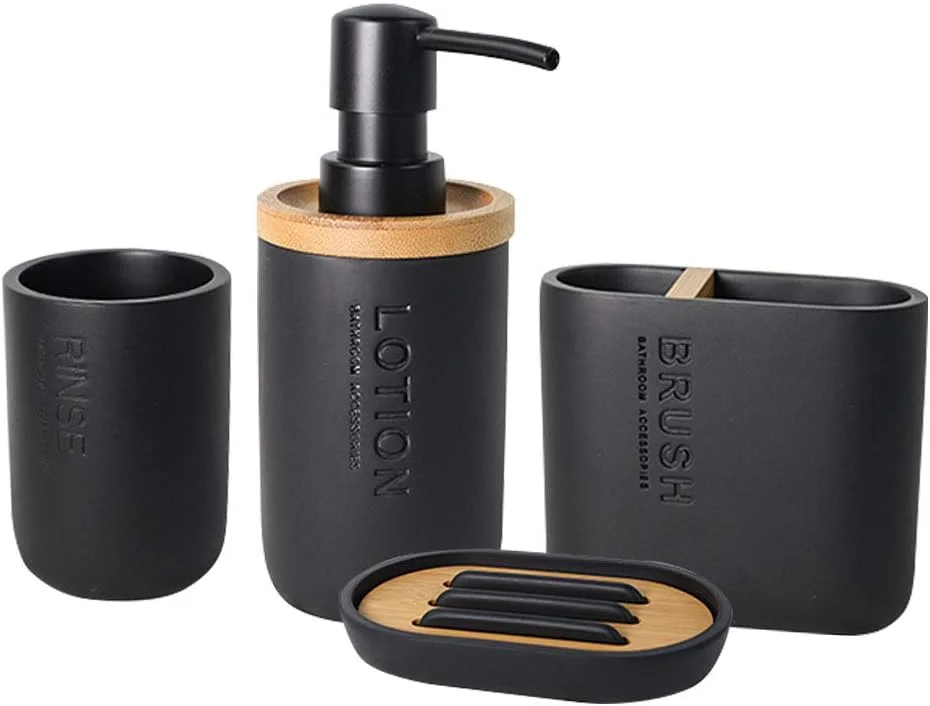 ست لوازم جانبی حمام مشکی PFlife، 4 تکه، جا مایع/صابون، جا مسواکی، لیوان، جای صابون، جنس رزین و بامبو، ست لوازم جانبی حمام مدرن