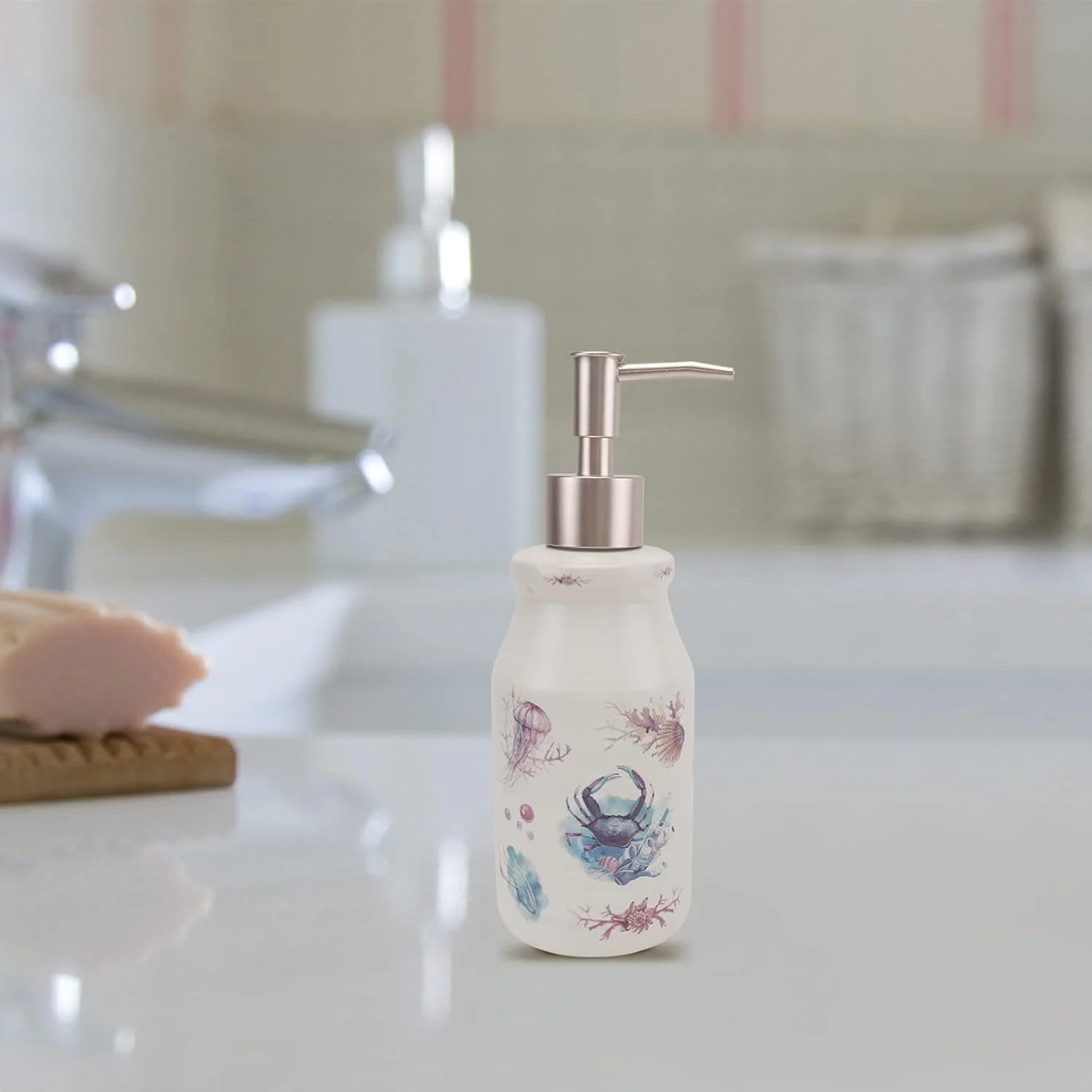 ست لوازم جانبی سرامیکی حمام با طرح حیوانات دریایی شامل بطری لوسیون، جا مسواکی، لیوان و جا صابونی، مناسب برای هدیه خانه نویی، رنگ های متنوع