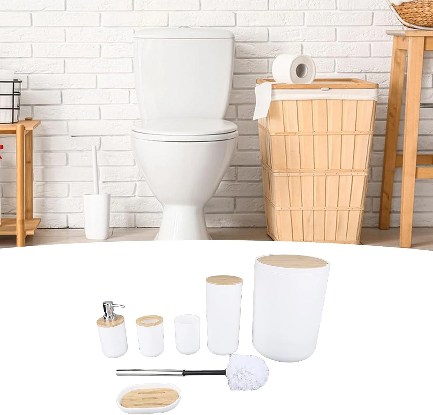 ست لوازم جانبی حمام 6 تکه شامل سطل زباله، جا مایع صابون، جا صابونی، جا مسواکی، لیوان و برس توالت مناسب برای منزل و هدیه