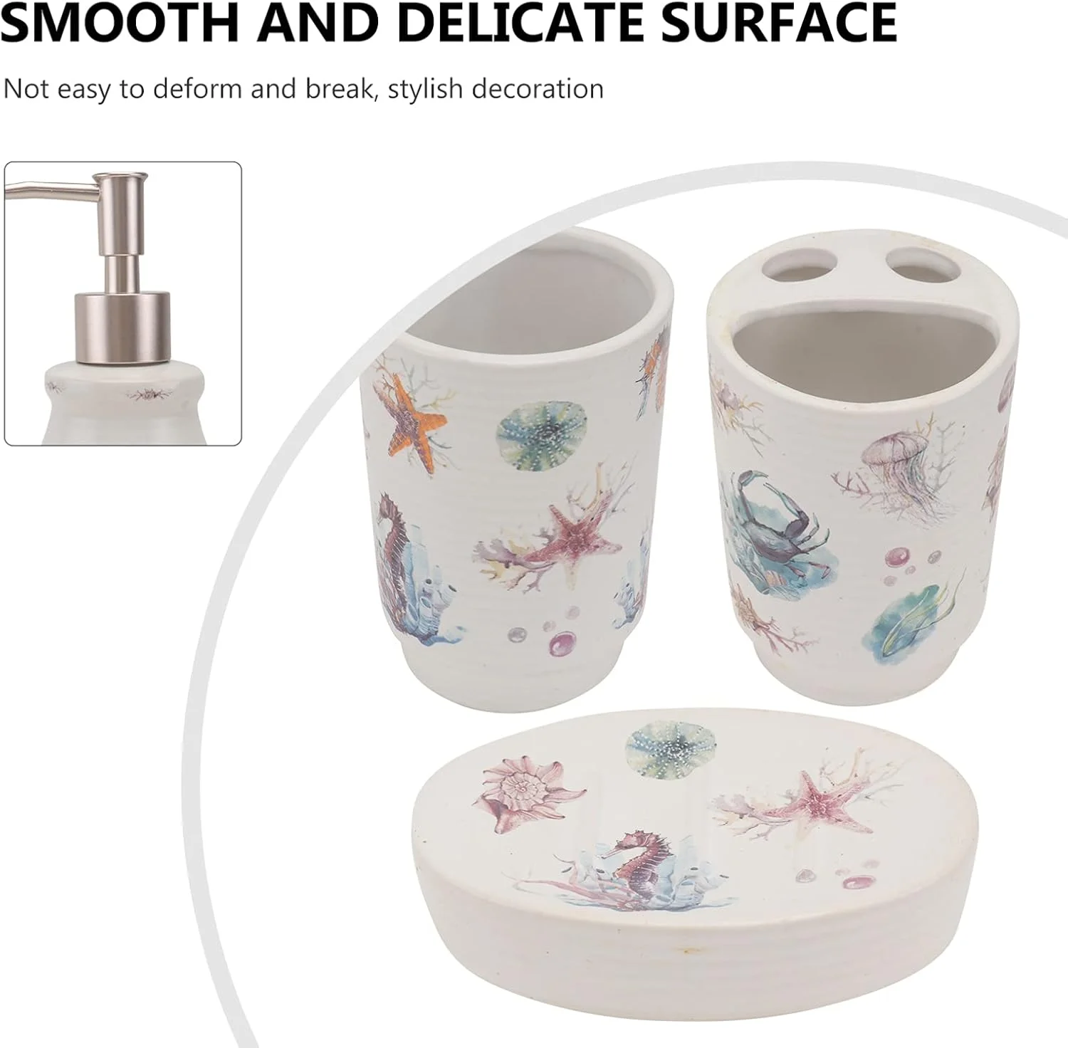 ست لوازم جانبی سرامیکی حمام با طرح حیوانات دریایی شامل بطری لوسیون، جا مسواکی، لیوان و جا صابونی، مناسب برای هدیه خانه نویی، رنگ های متنوع