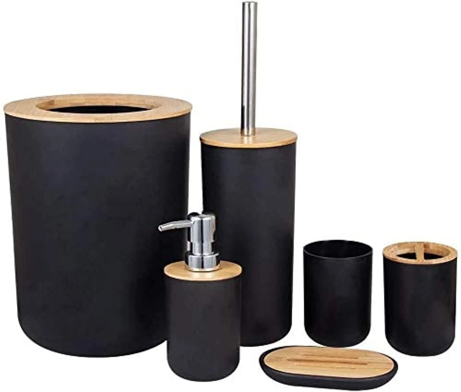 ست لوازم جانبی چوبی بامبو برای حمام، ست 6 تکه شامل برس توالت، جا مایع صابون، سطل زباله، جا مسواکی، جا صابونی و لیوان، قابل استفاده مجدد