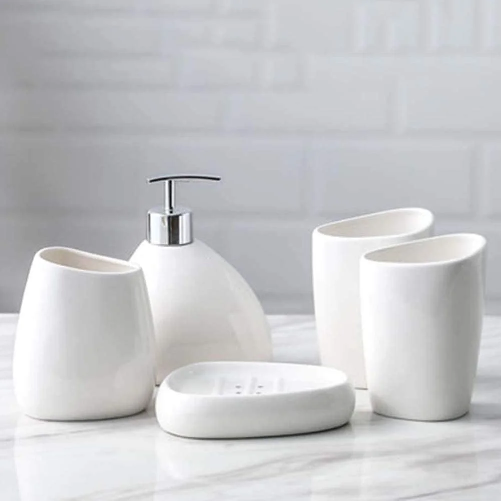 ست ۵ تکه لوازم جانبی حمام شامل جای صابون، جای مایع دستشویی، جا مسواکی، لیوان مسواک و صابون مناسب برای حمام هتل و منزل