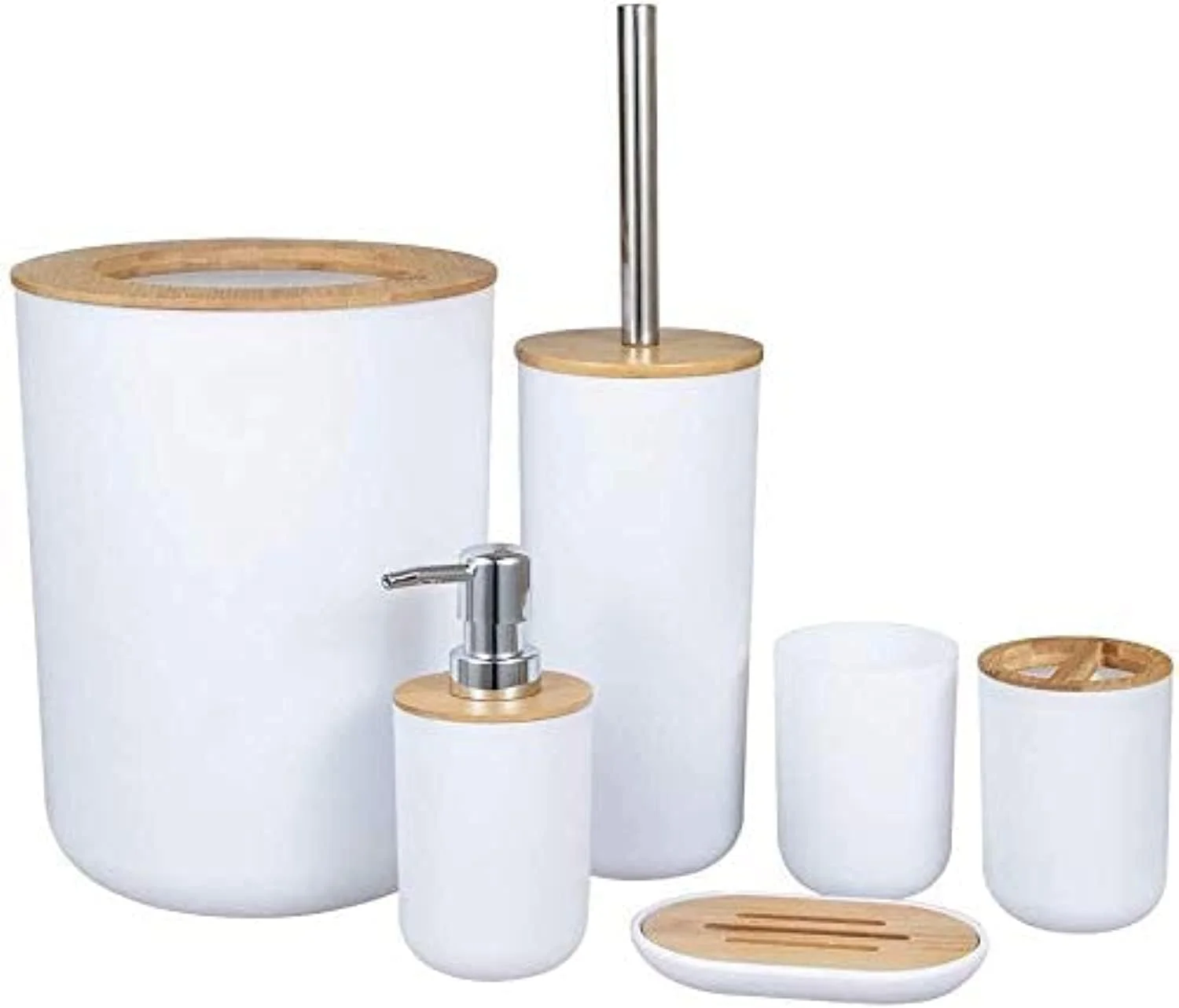 ست لوازم جانبی حمام چوبی بامبو، ست 6 تکه شامل برس توالت، جا مایع صابون، سطل زباله، جا مسواکی، جا صابونی و لیوان، قابل استفاده مجدد