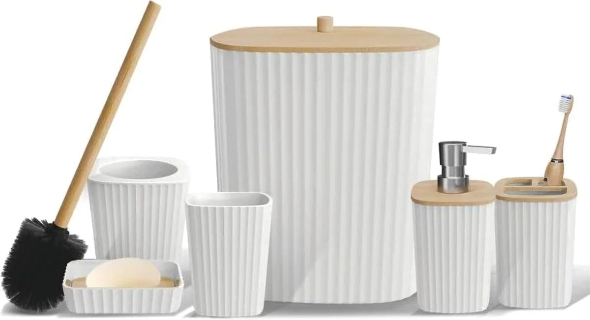 ست لوازم جانبی حمام مدرن 6 تکه، ست دکور حمام شیک شامل جا مایع دستشویی، جا مسواکی، جا صابونی، برس توالت با نگهدارنده، سطل زباله، سازمان دهنده توالت (سفید) ست لوازم جانبی حمام مدرن 6 تکه، ست دکور حمام شیک شامل جا مایع دستشویی، جا مسواکی، جا صابونی، برس توالت با نگهدارنده، سطل زباله، سازمان دهنده توالت (سفید)