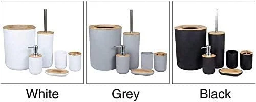 ست لوازم جانبی چوبی بامبو برای حمام، ست 6 تکه شامل برس توالت، جا مایع صابون، سطل زباله، جا مسواکی، جا صابونی و لیوان، قابل استفاده مجدد