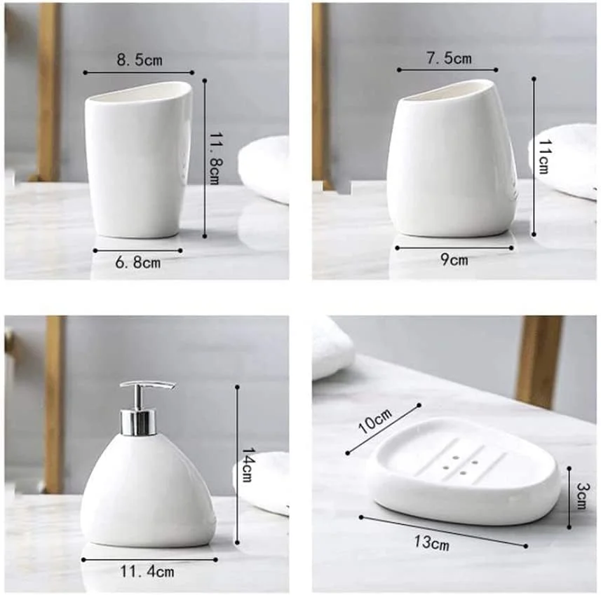 ست ۵ تکه لوازم جانبی حمام شامل جای صابون، جای مایع دستشویی، جا مسواکی، لیوان مسواک و صابون مناسب برای حمام هتل و منزل