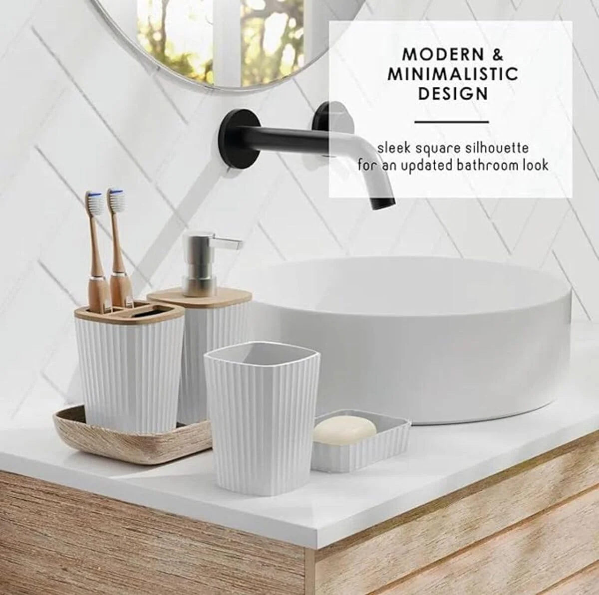 ست لوازم جانبی حمام مدرن 6 تکه، ست دکور حمام شیک شامل جا مایع دستشویی، جا مسواکی، جا صابونی، برس توالت با نگهدارنده، سطل زباله، سازمان دهنده توالت (سفید)