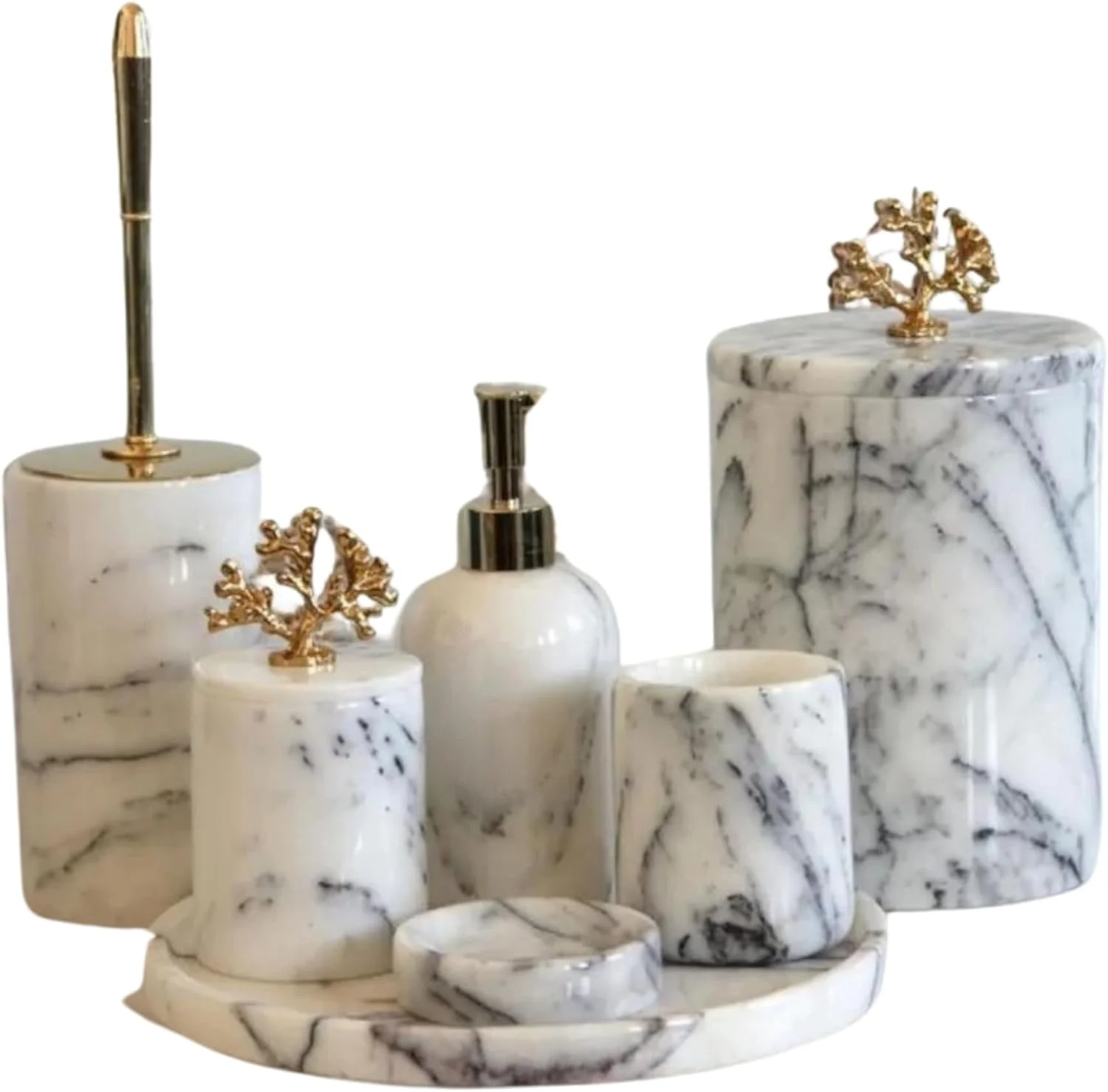 ست لوازم جانبی حمام ۷ تکه با طرح مرمر سفید رگه دار شامل سینی ۳۰ سانتی متری، جا مایع دستشویی، جا صابونی، جا مسواکی، جا پنبه ای، جا برس توالت، سطل زباله برای حمامی شیک