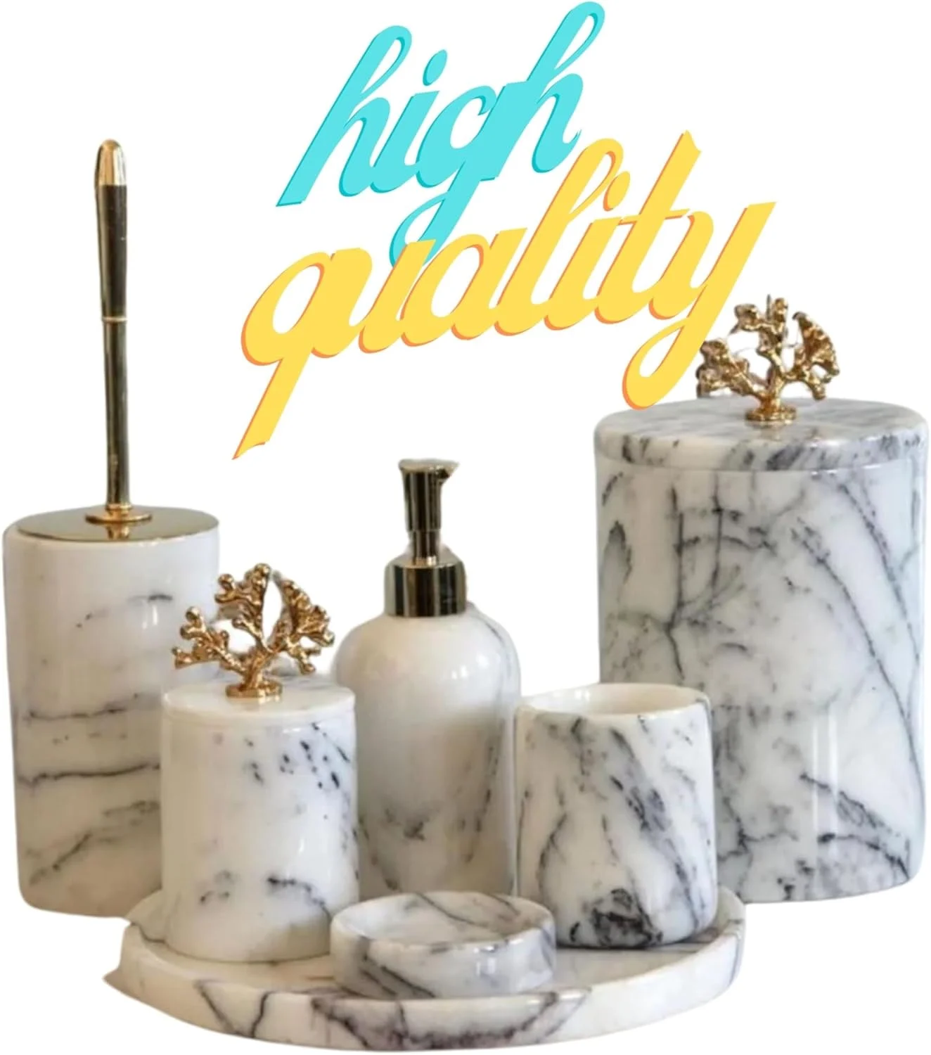 ست لوازم جانبی حمام ۷ تکه با طرح مرمر سفید رگه دار شامل سینی ۳۰ سانتی متری، جا مایع دستشویی، جا صابونی، جا مسواکی، جا پنبه ای، جا برس توالت، سطل زباله برای حمامی شیک