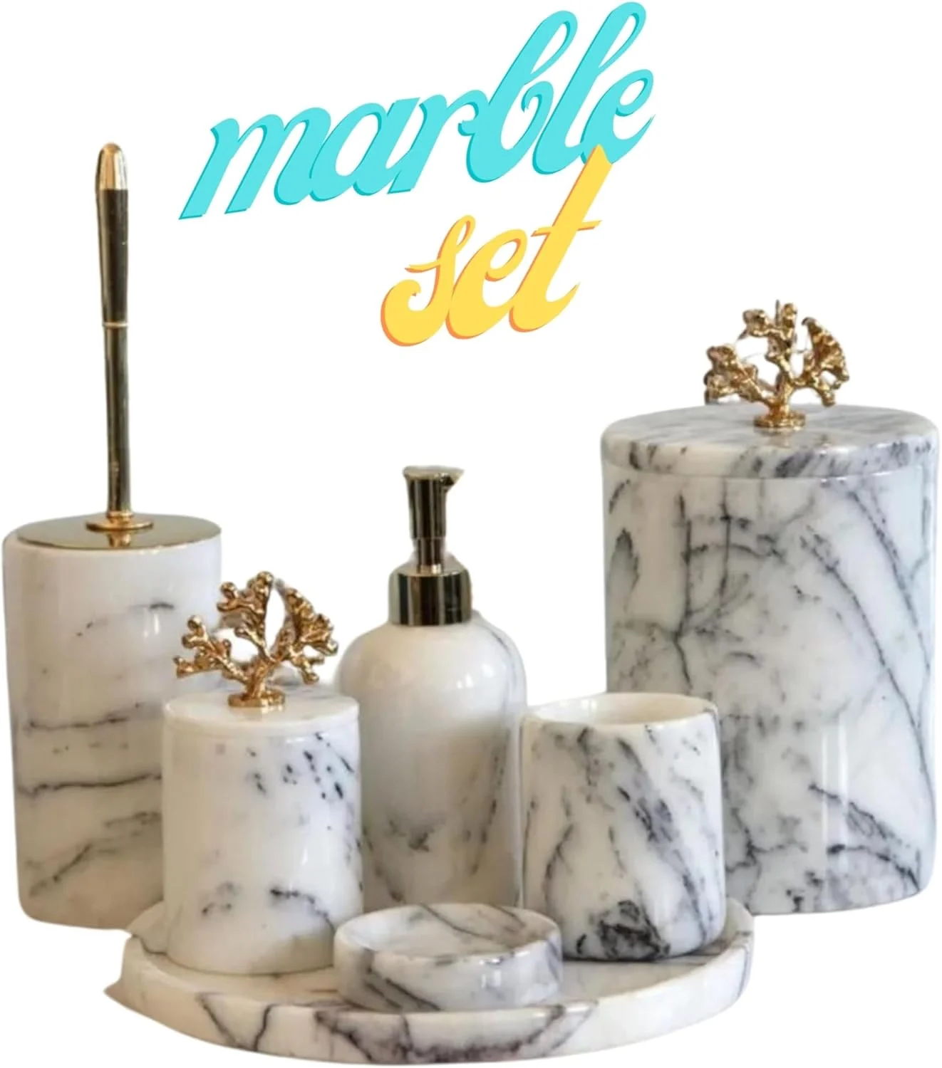 ست لوازم جانبی حمام ۷ تکه با طرح مرمر سفید رگه دار شامل سینی ۳۰ سانتی متری، جا مایع دستشویی، جا صابونی، جا مسواکی، جا پنبه ای، جا برس توالت، سطل زباله برای حمامی شیک